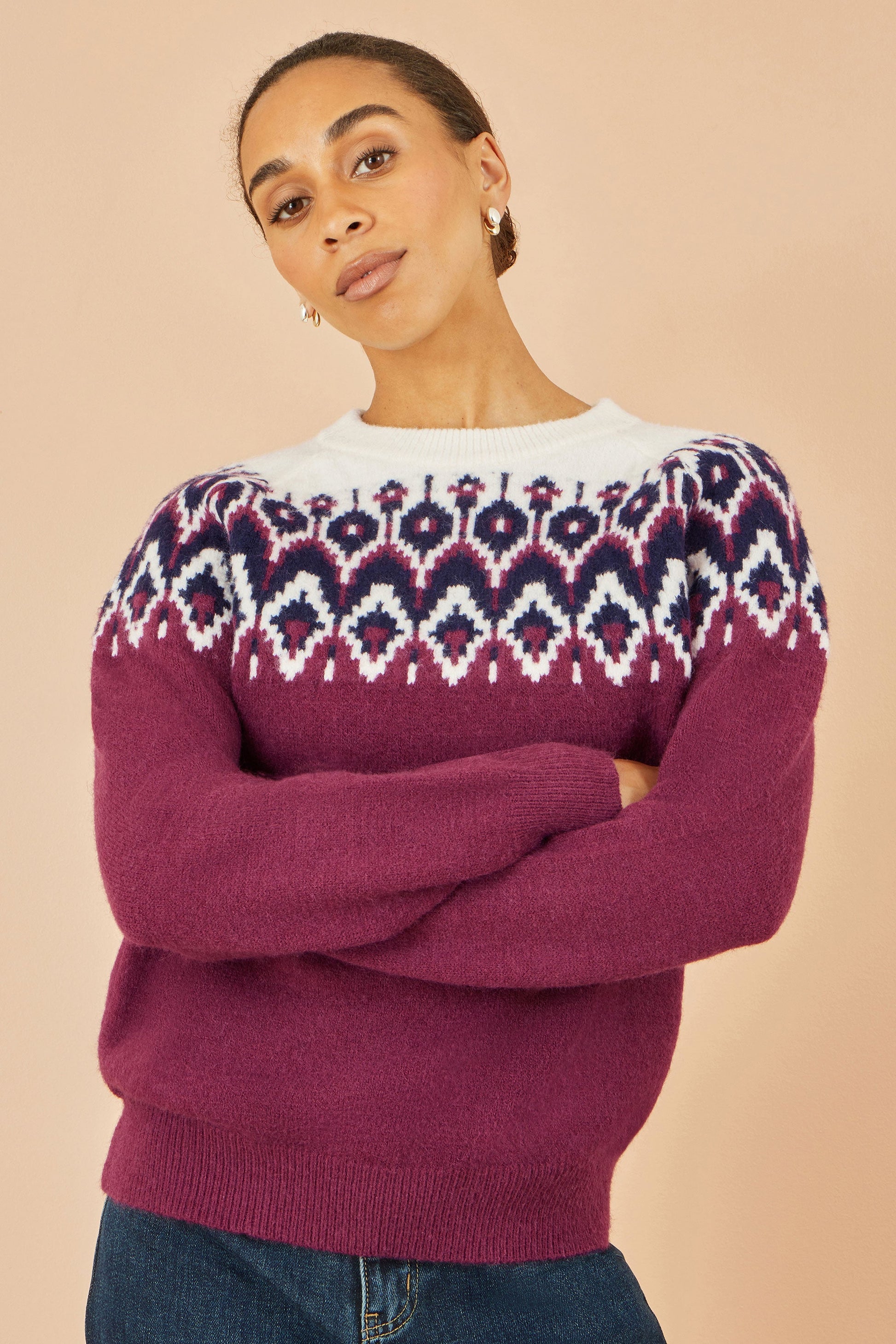 Burgundy Fair isle Relaxed Fit Knitted Jumper