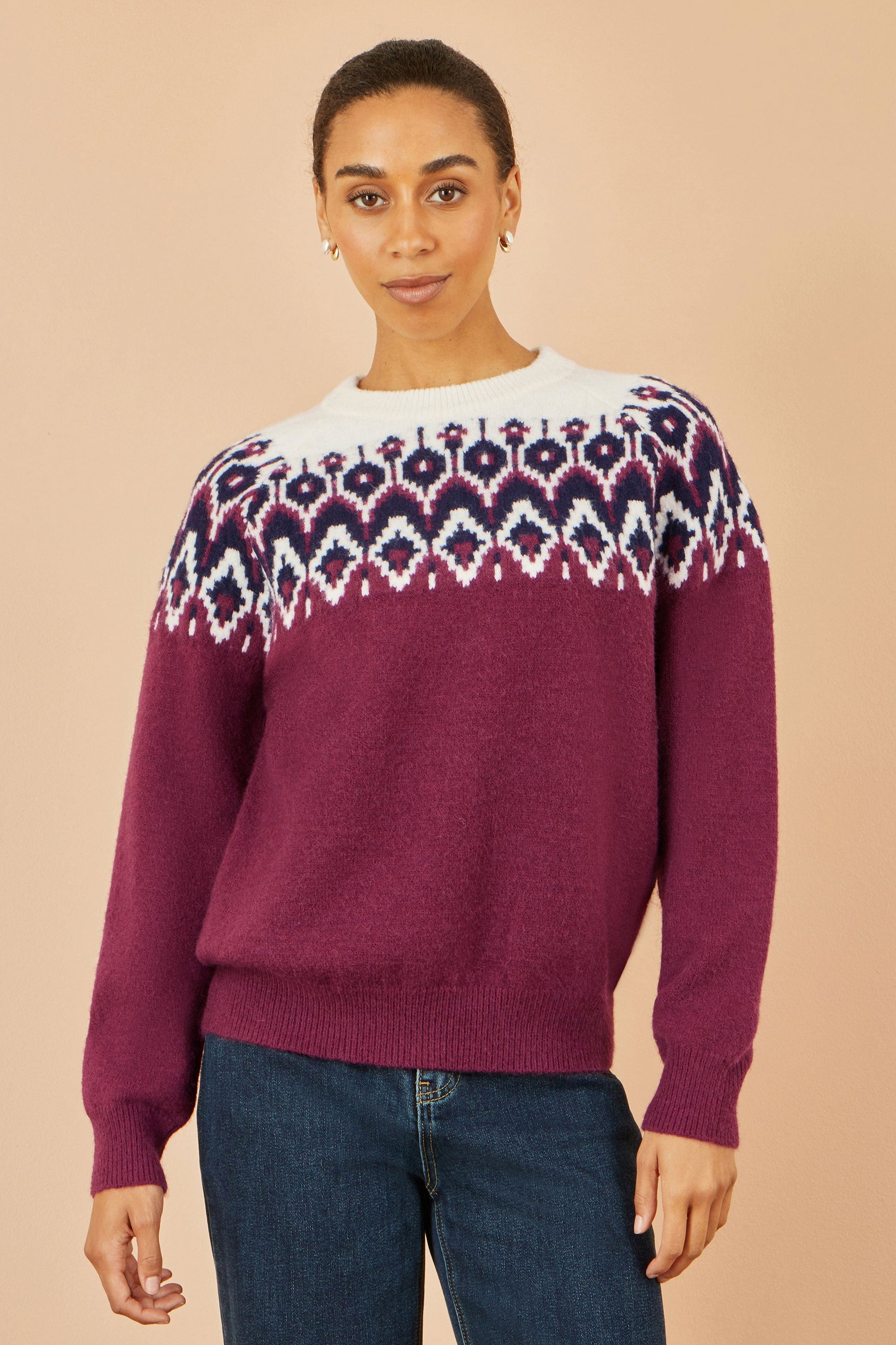 Burgundy Fair isle Relaxed Fit Knitted Jumper