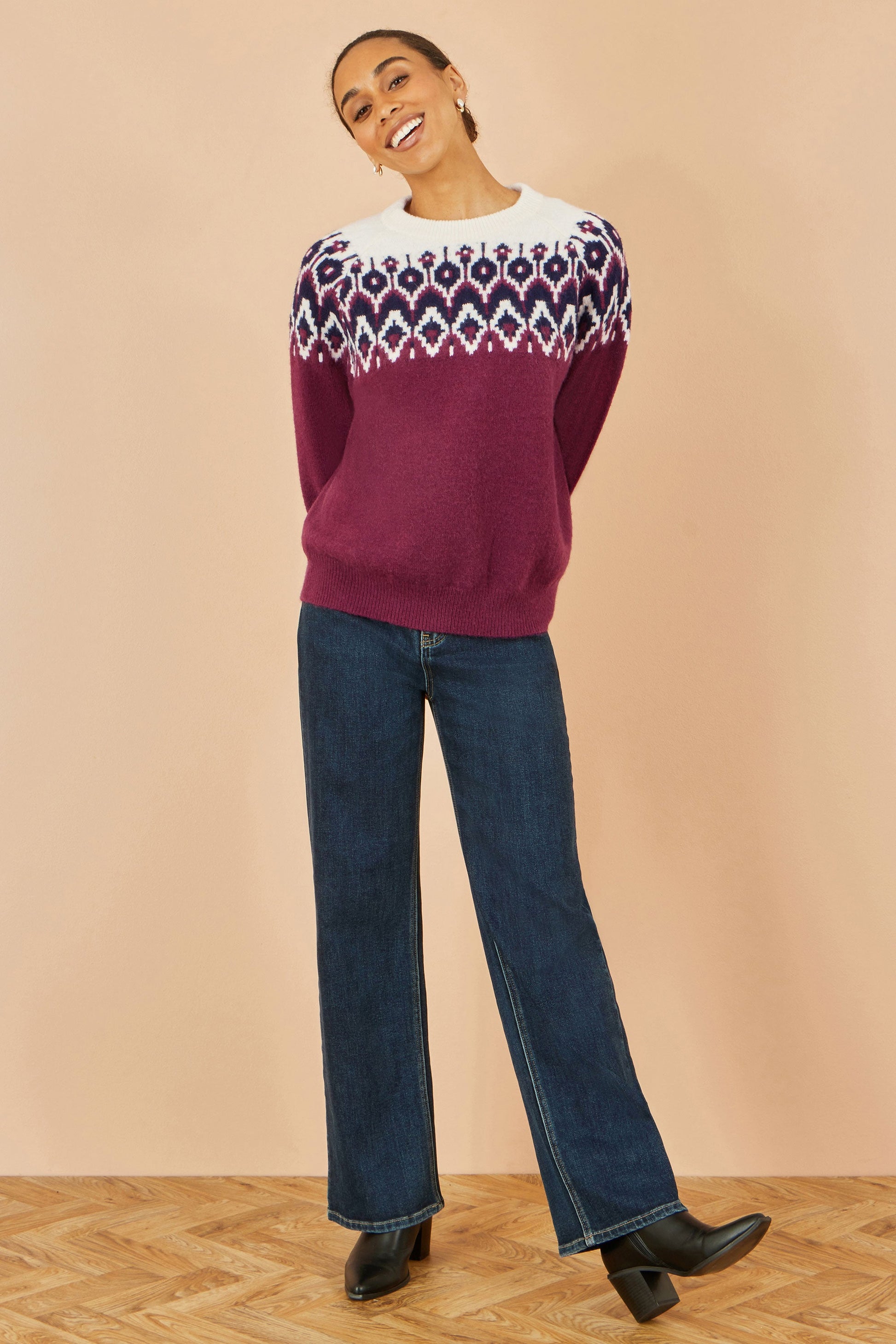 Burgundy Fair isle Relaxed Fit Knitted Jumper