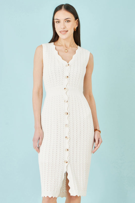 Ivory Cotton Scallop Crochet Knitted Dress