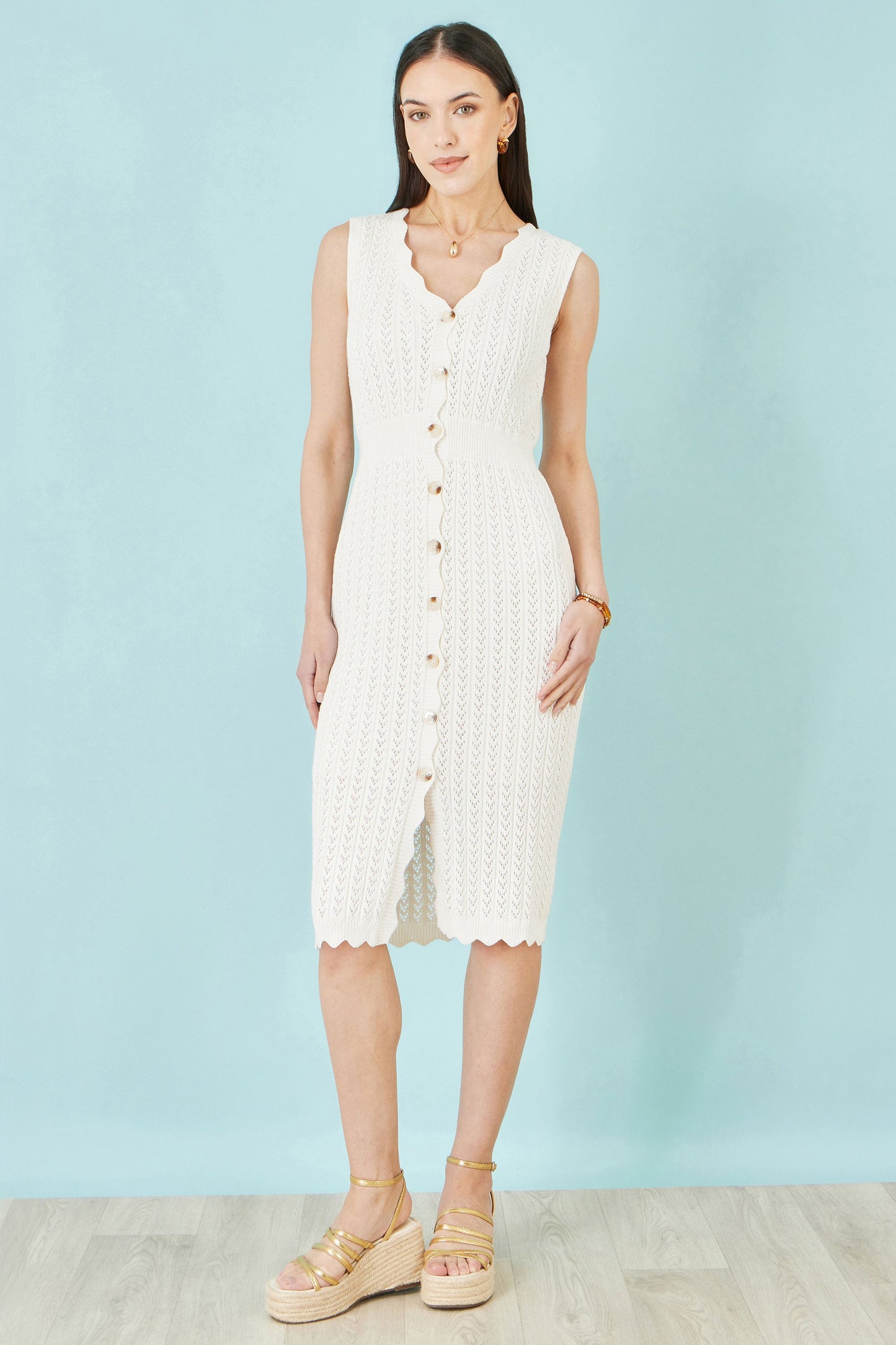 Ivory Cotton Scallop Crochet Knitted Dress