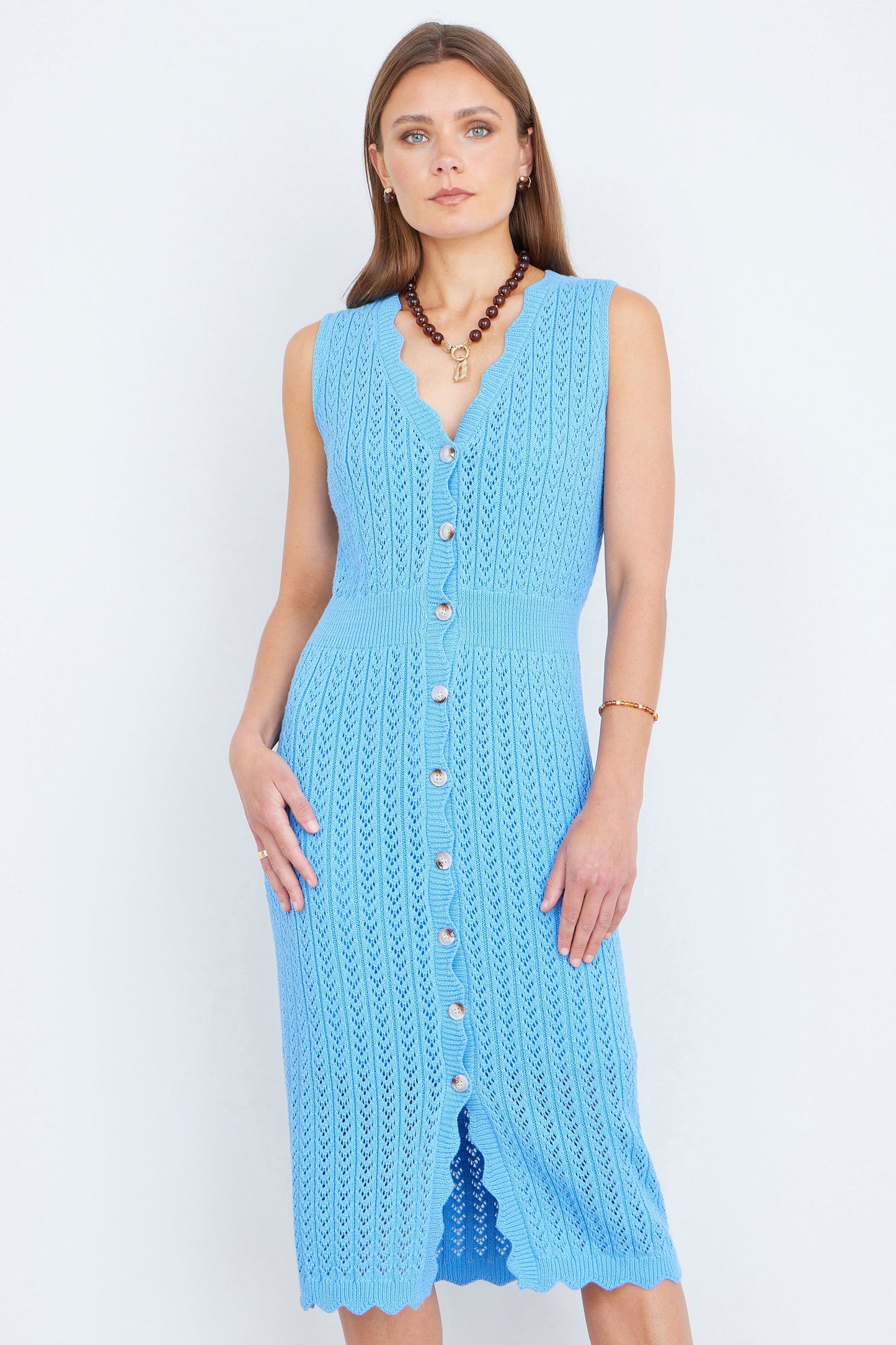 Blue Scallop Edge Crochet Knitted Midi Dress