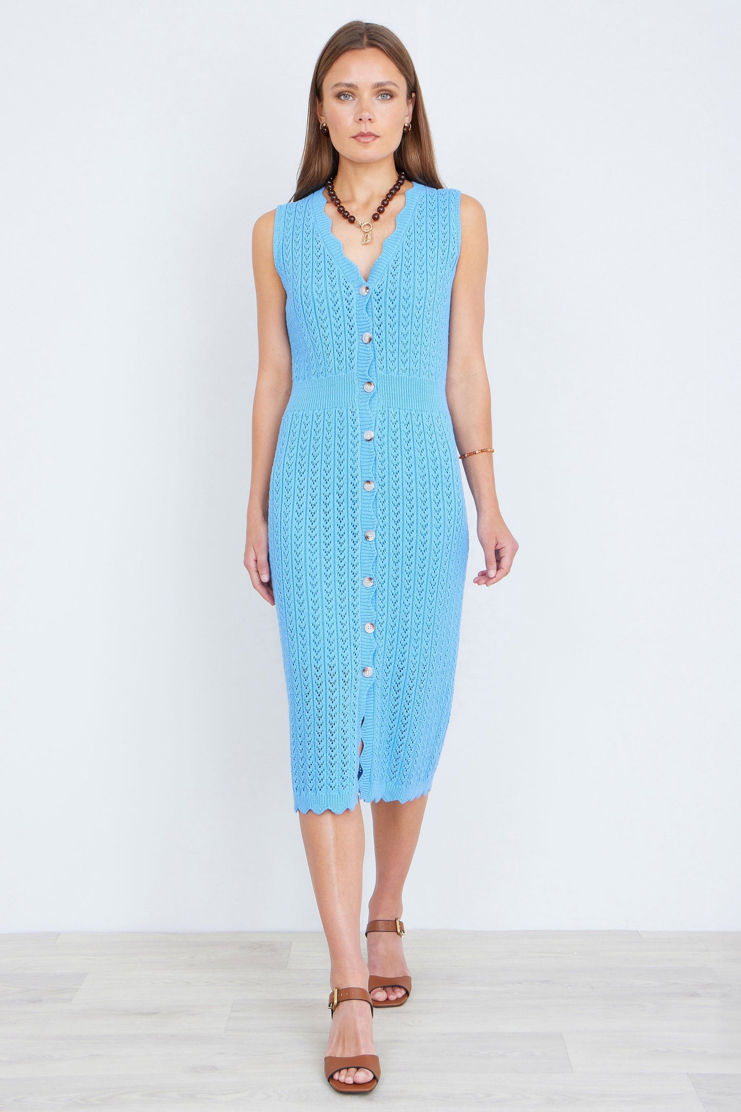 Blue Scallop Edge Crochet Knitted Midi Dress