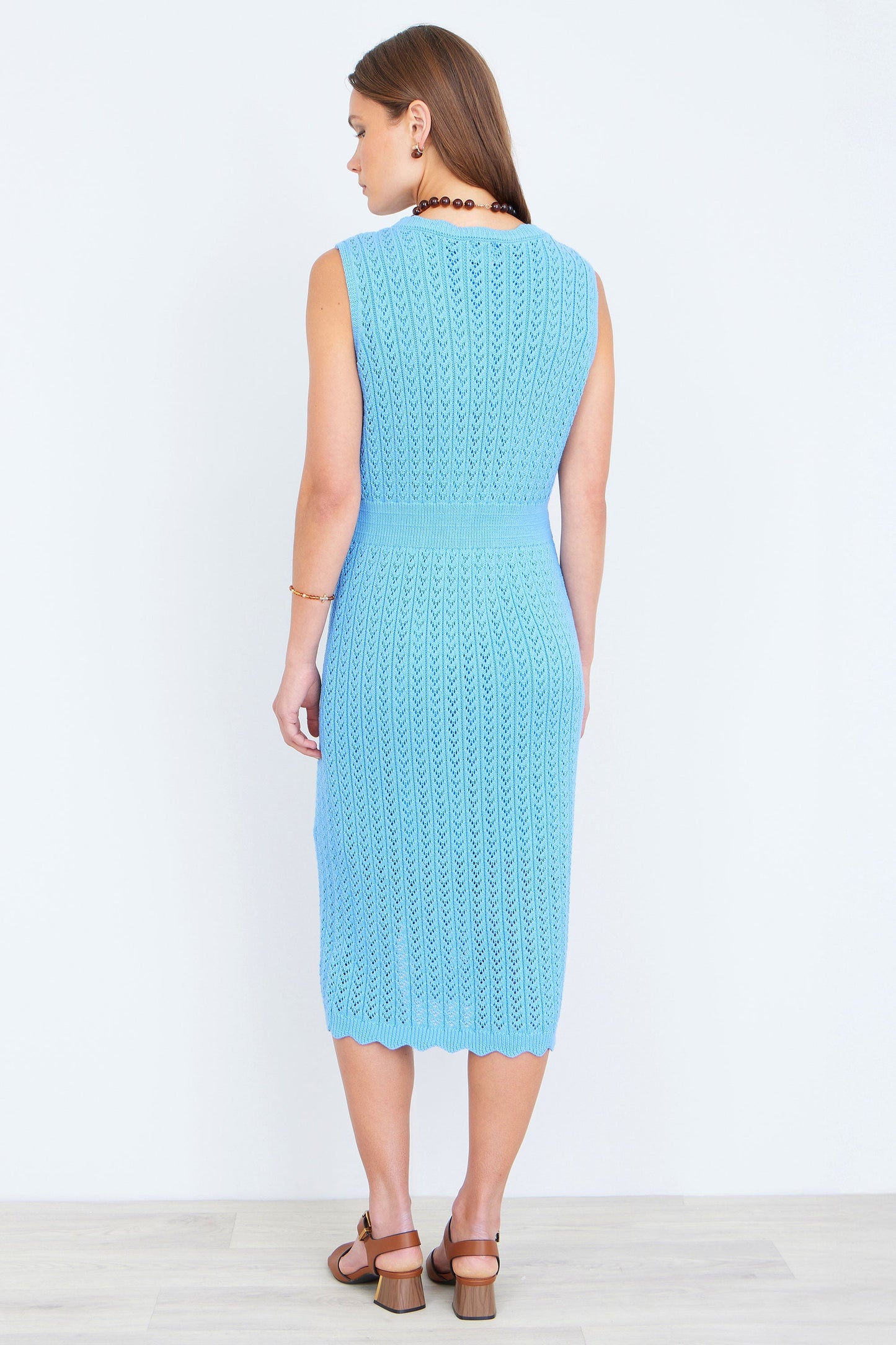 Blue Scallop Edge Crochet Knitted Midi Dress