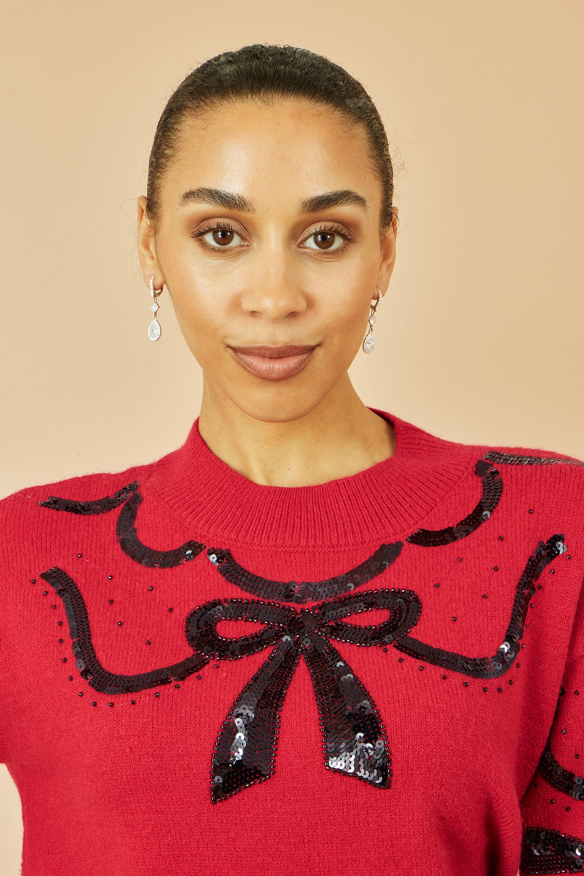 Red Sequinned Bow Neckline Jumper
