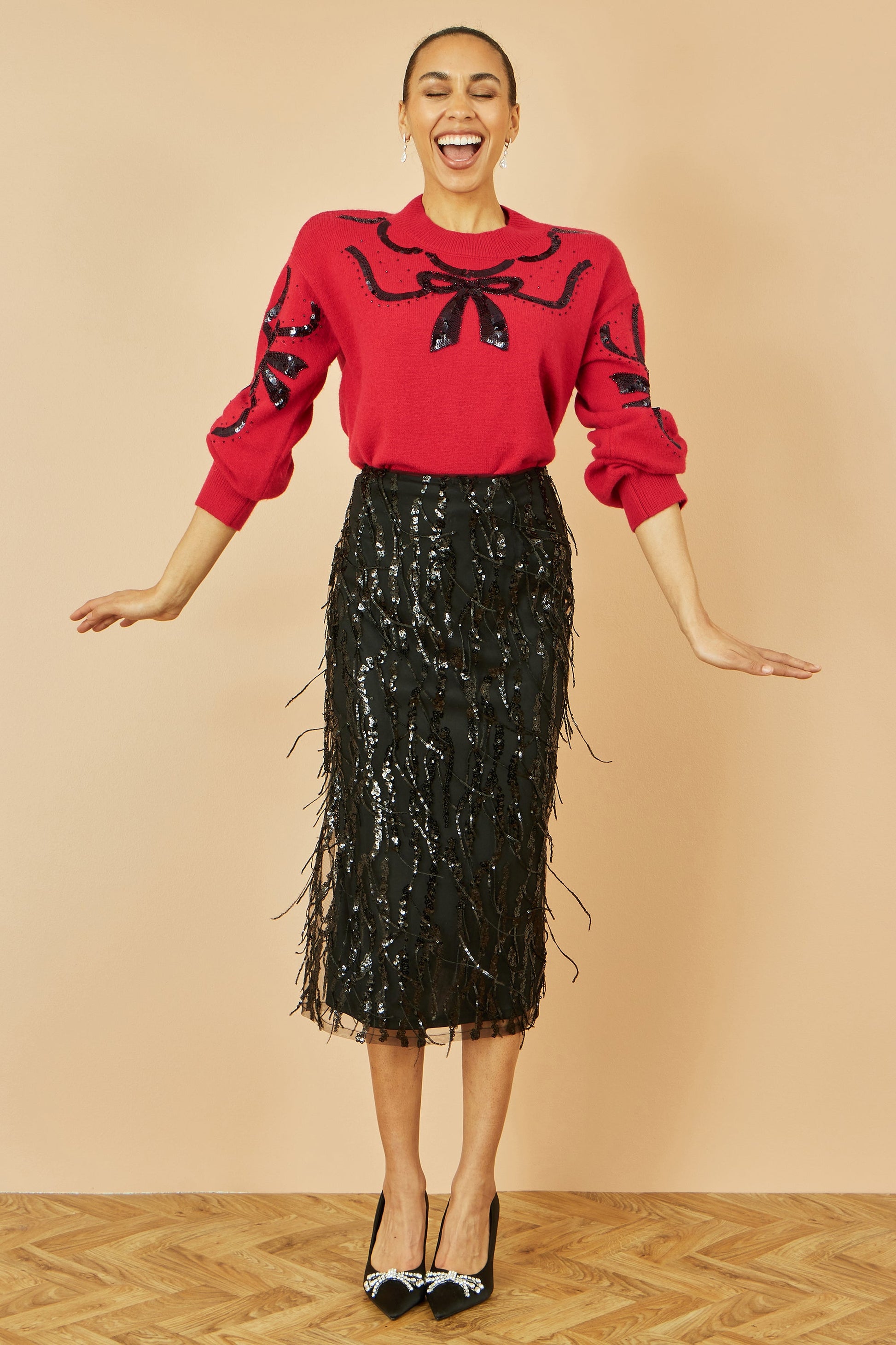 Red Sequinned Bow Neckline Jumper