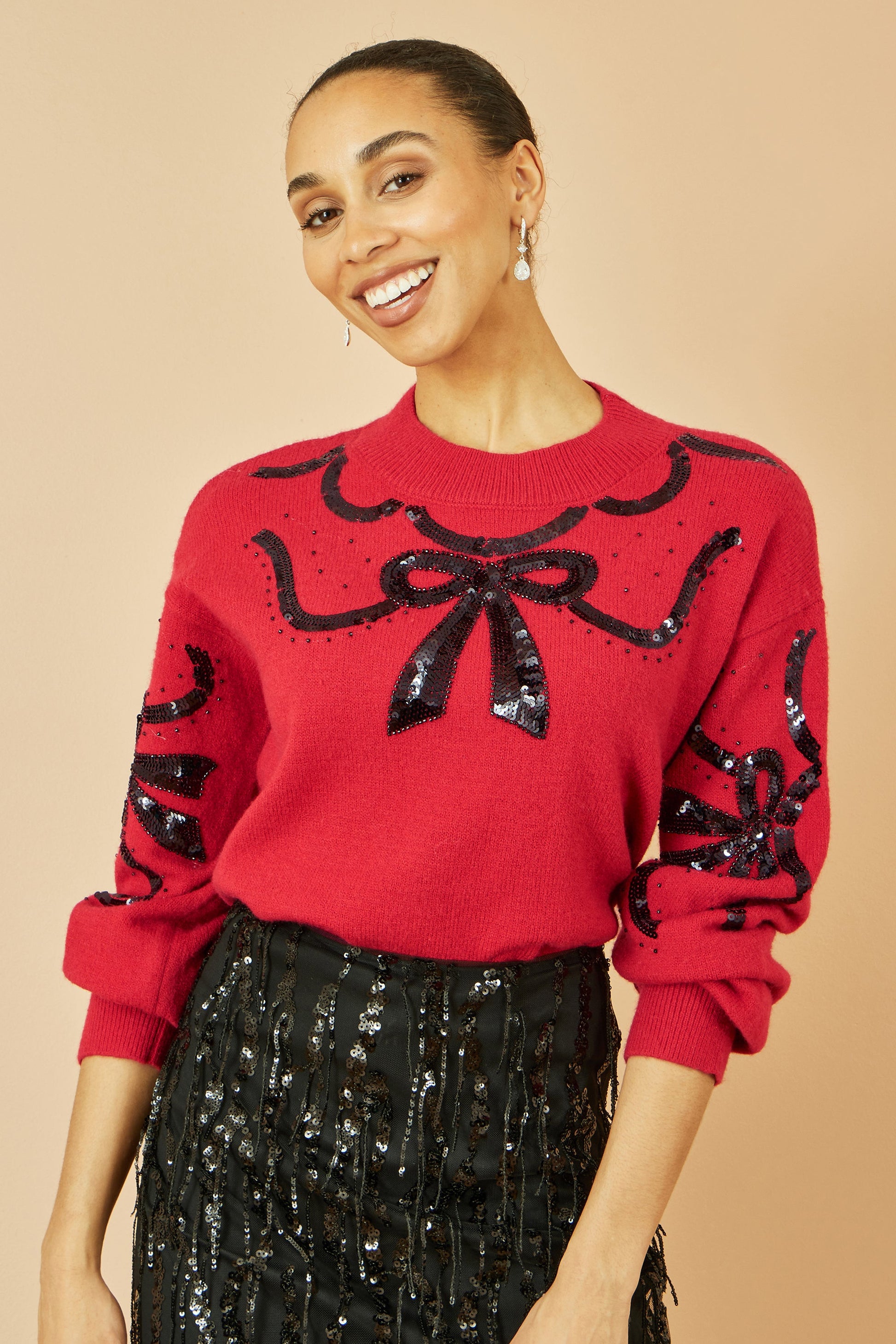 Red Sequinned Bow Neckline Jumper