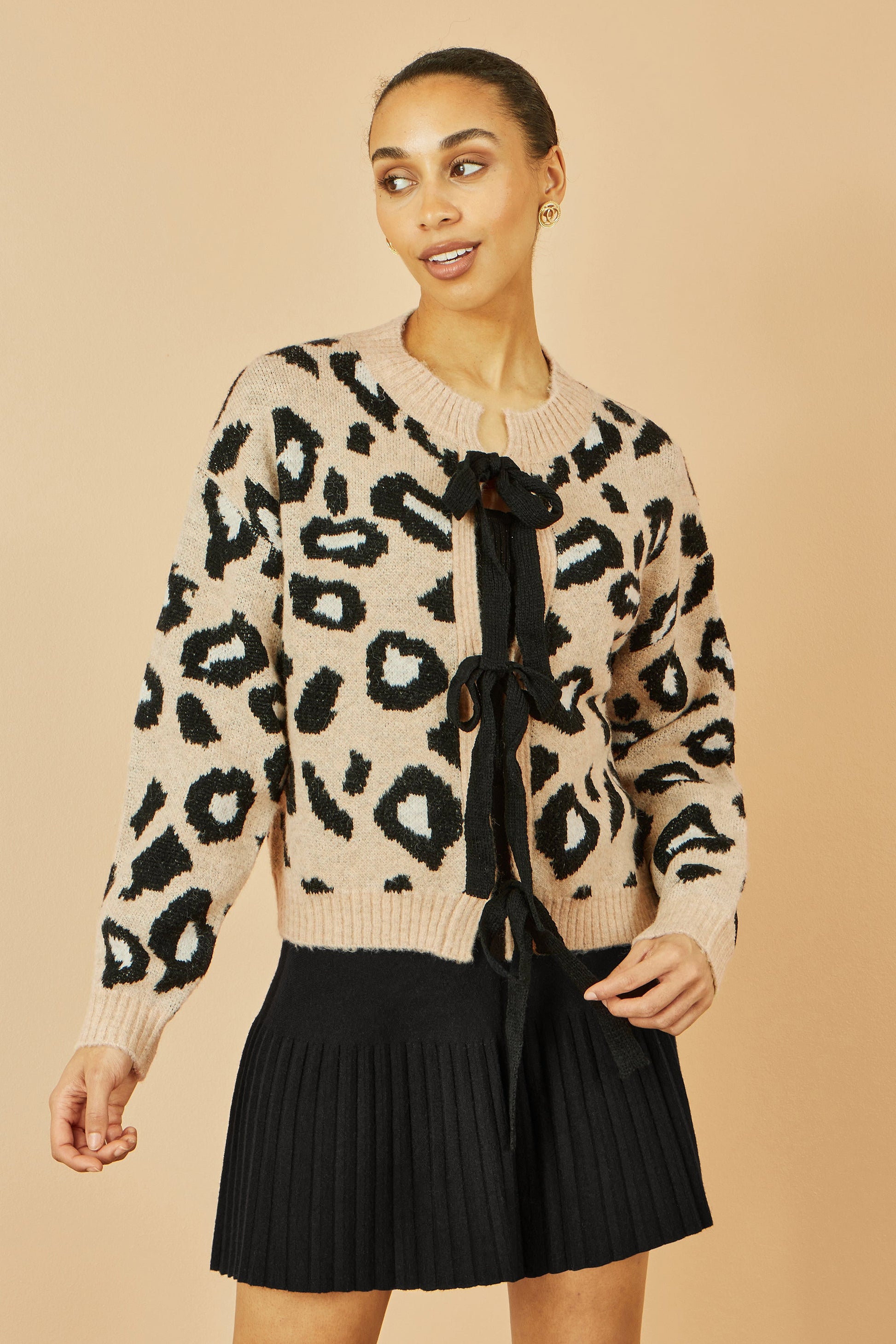 Beige Animal Print Tie Front Cardigan