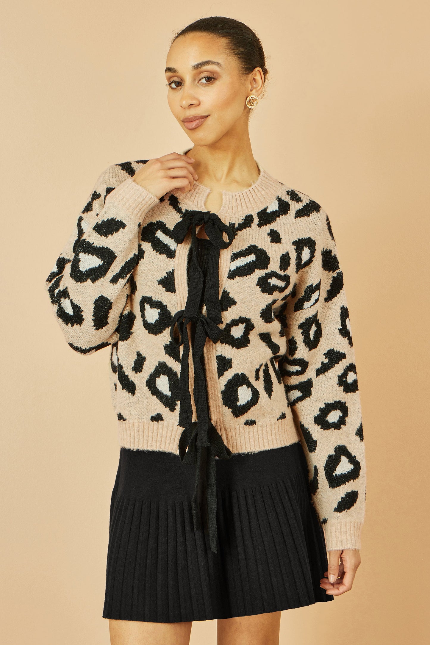 Beige Animal Print Tie Front Cardigan