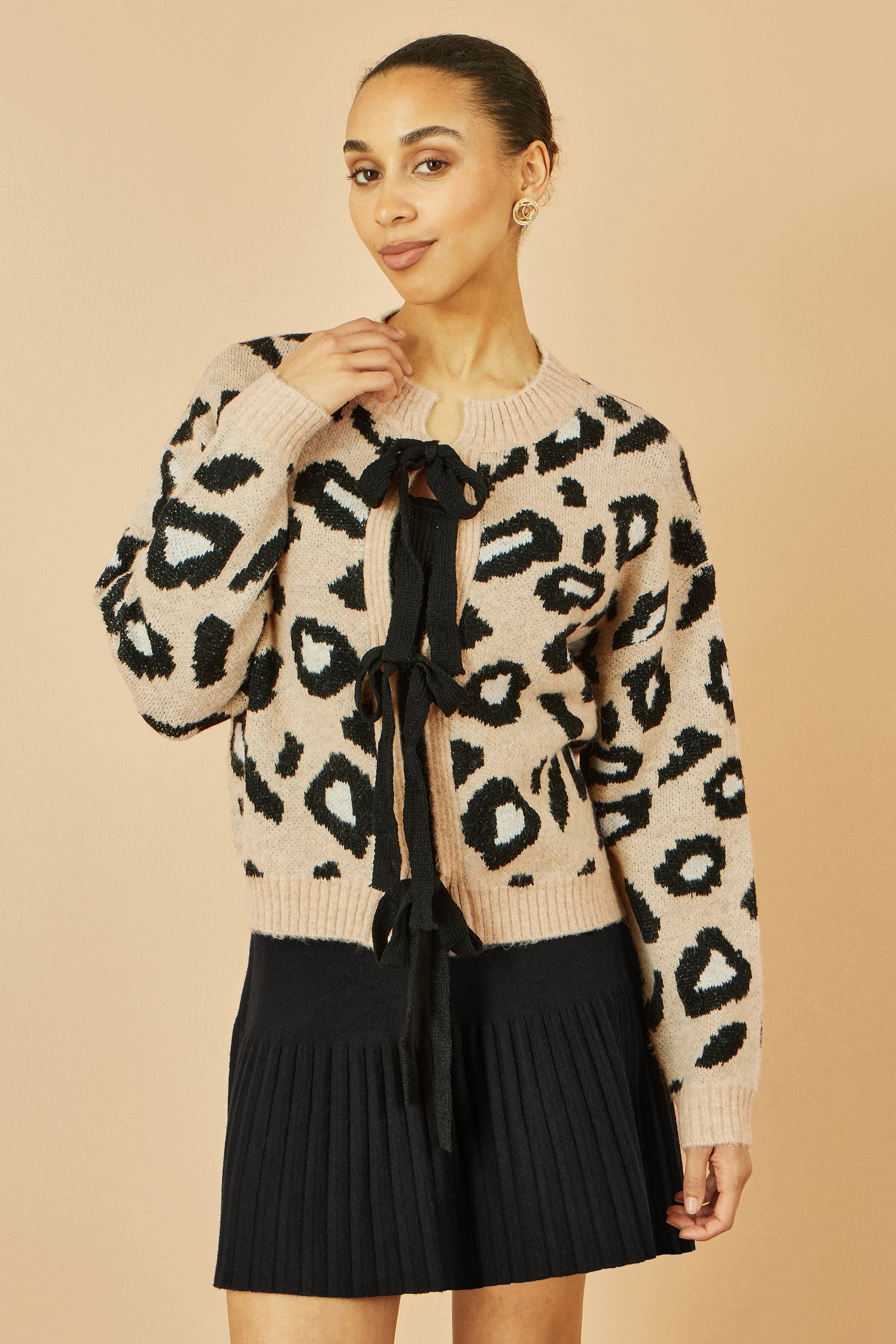 Beige Animal Print Tie Front Cardigan