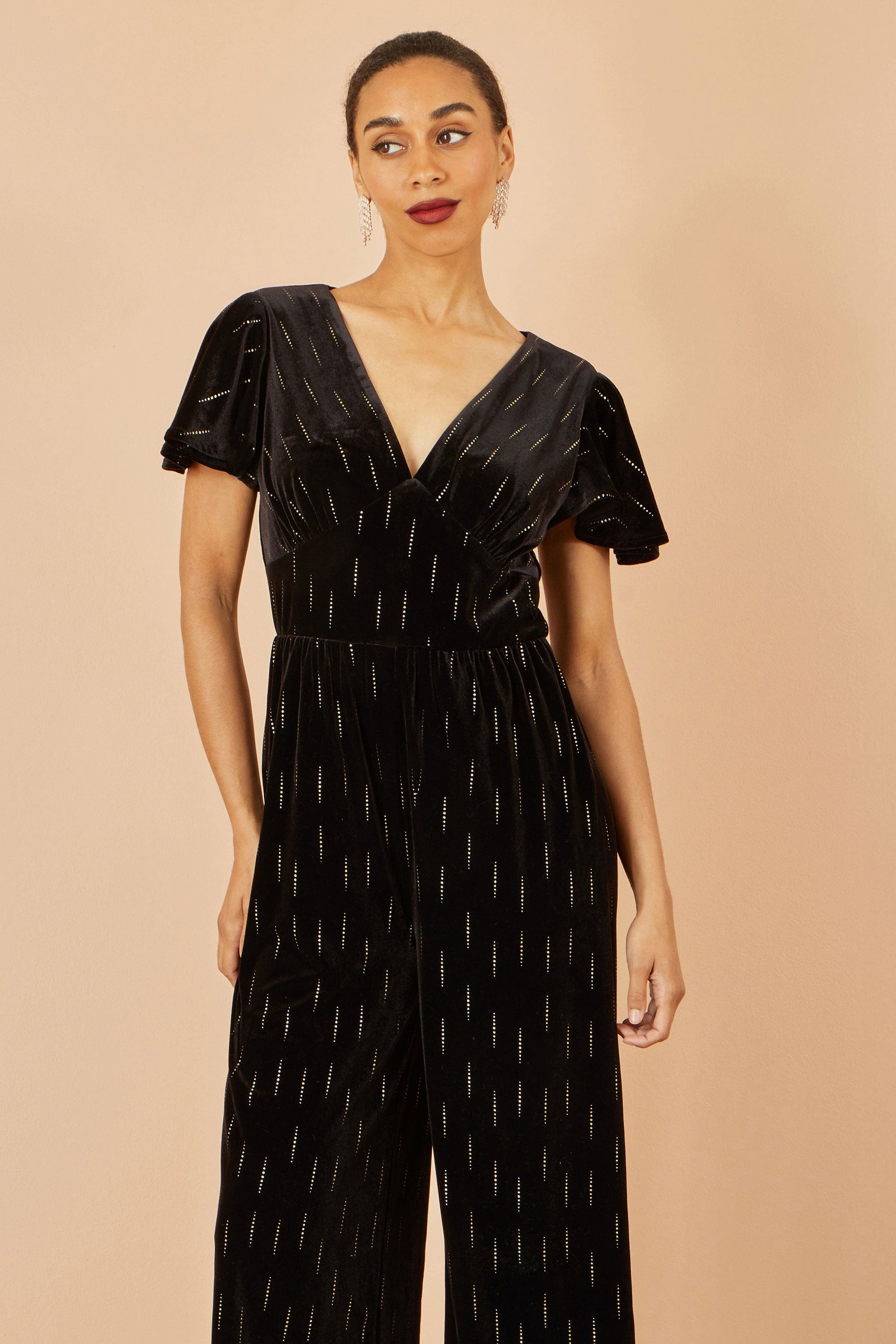 Black Foil Print Velvet Jumpsuit - Sizes 8 to 16