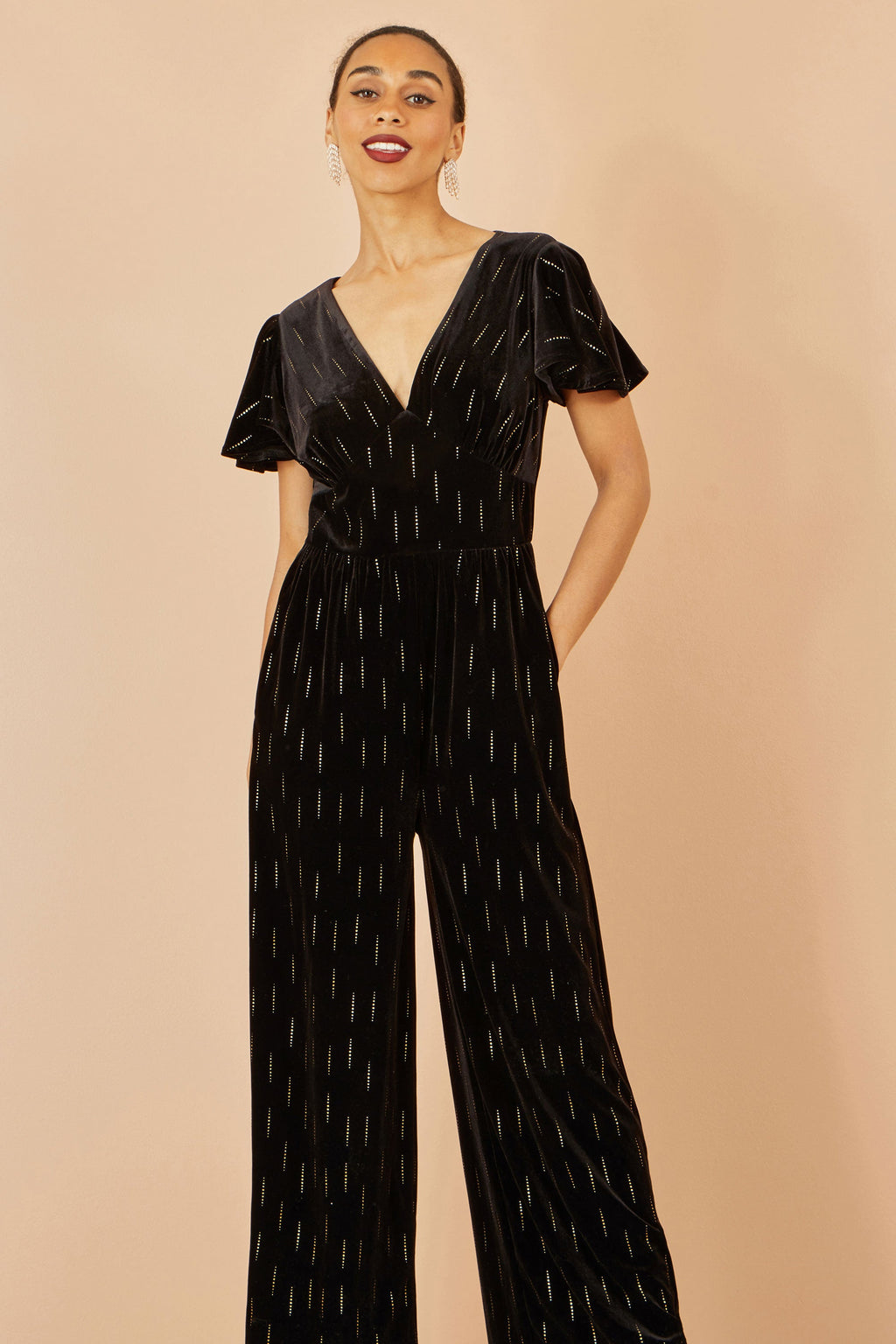 Black Foil Print Velvet Jumpsuit - Sizes 8 to 16