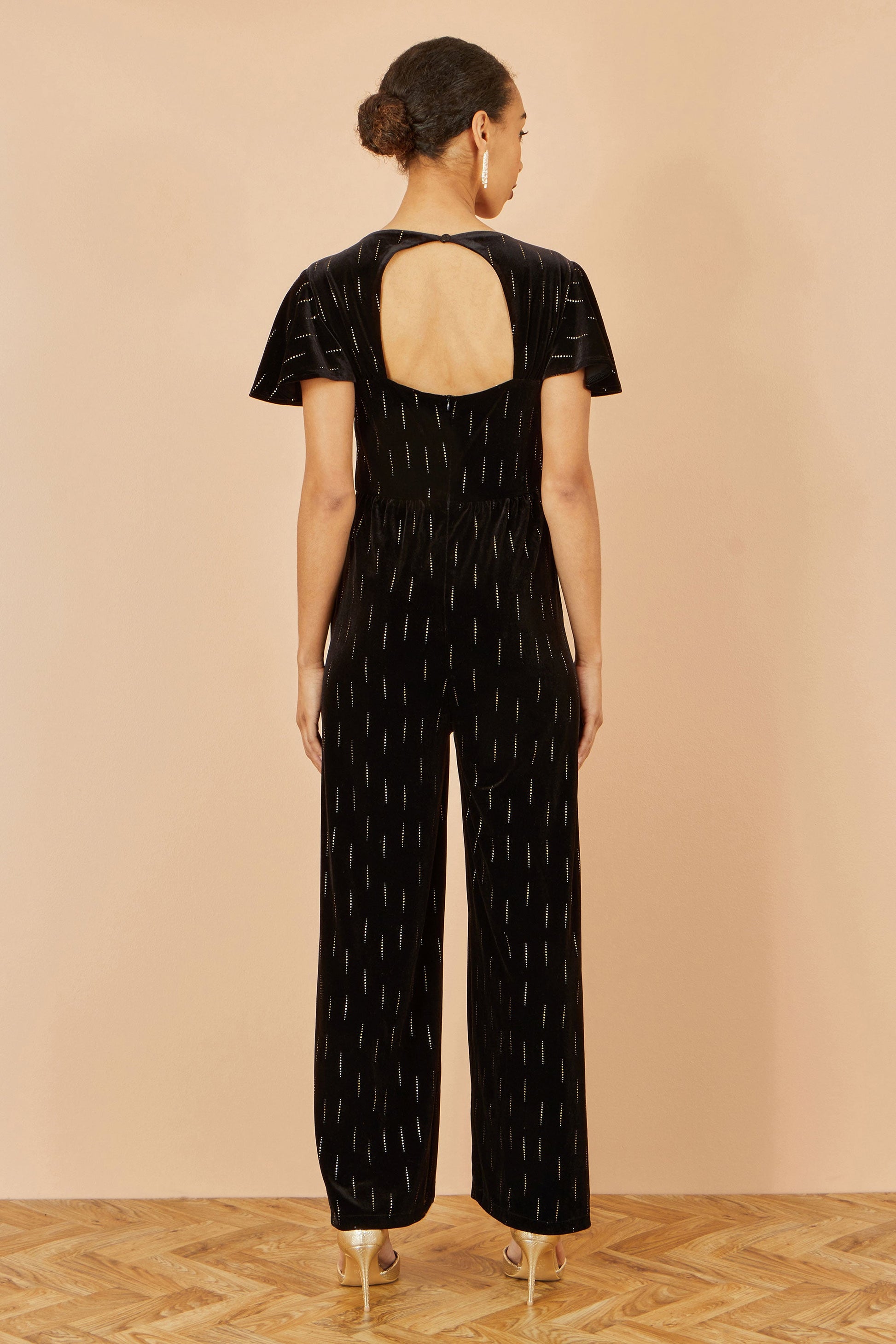Black Foil Print Velvet Jumpsuit - Sizes 8 to 16