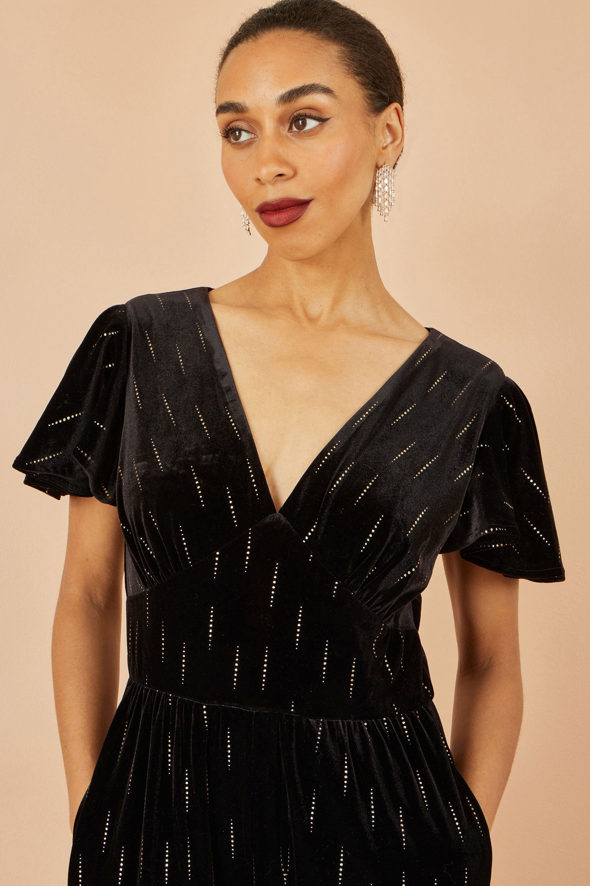 Black Foil Print Velvet Jumpsuit - Sizes 8 to 16