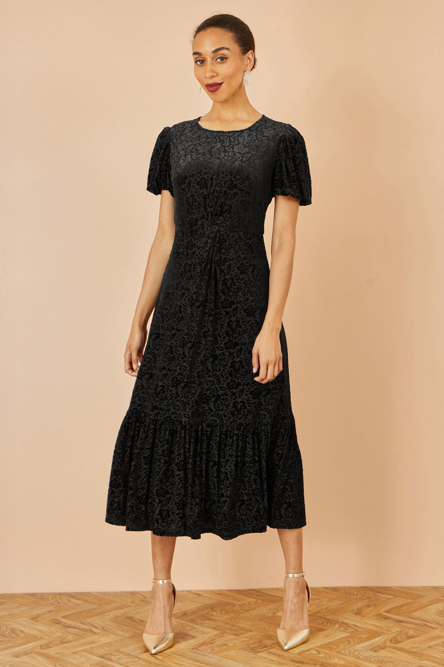 Black Floral Velour Velvet Twist Waist Midi Dress - Sizes 8 to 16