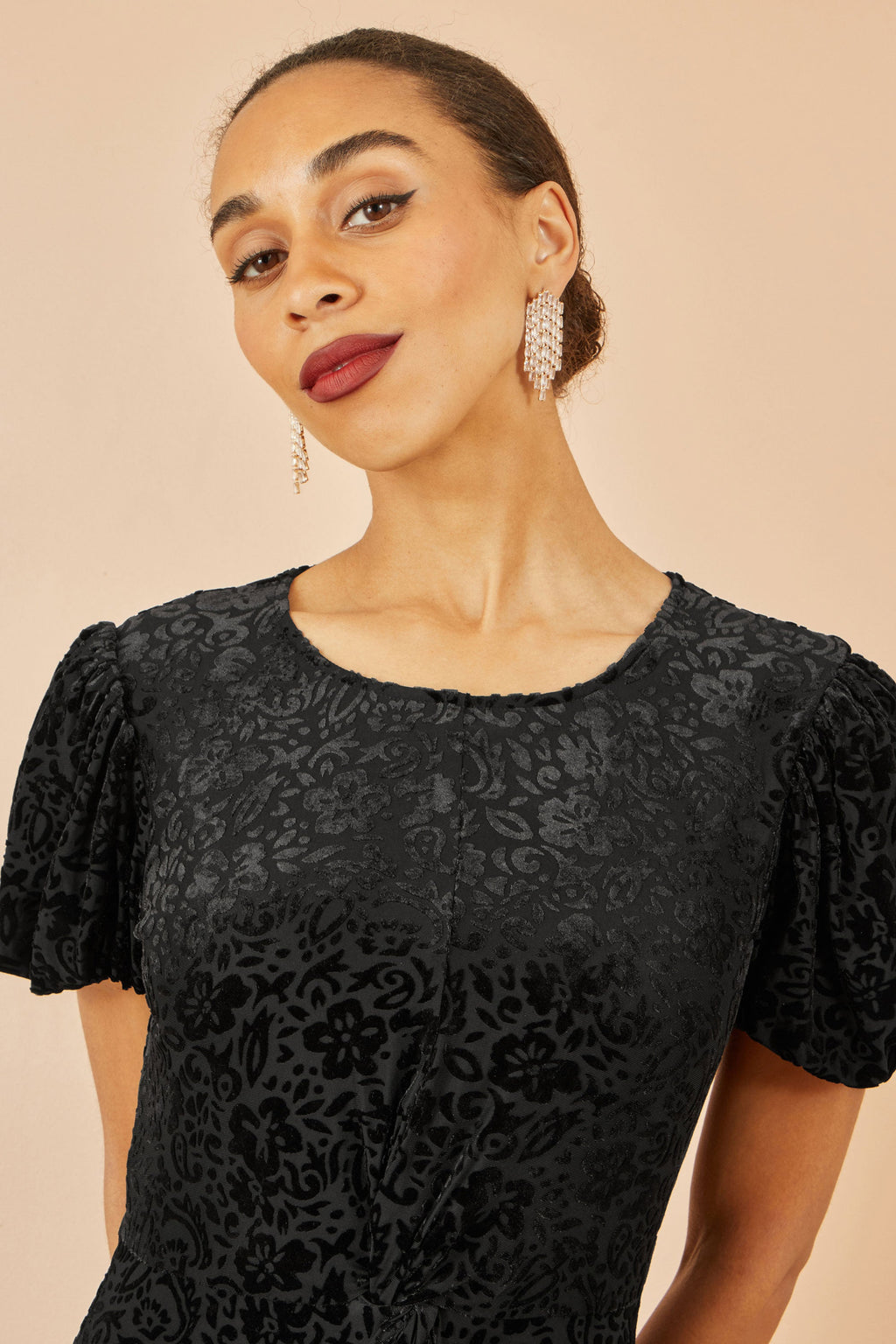 Black Floral Velour Velvet Twist Waist Midi Dress - Sizes 8 to 16