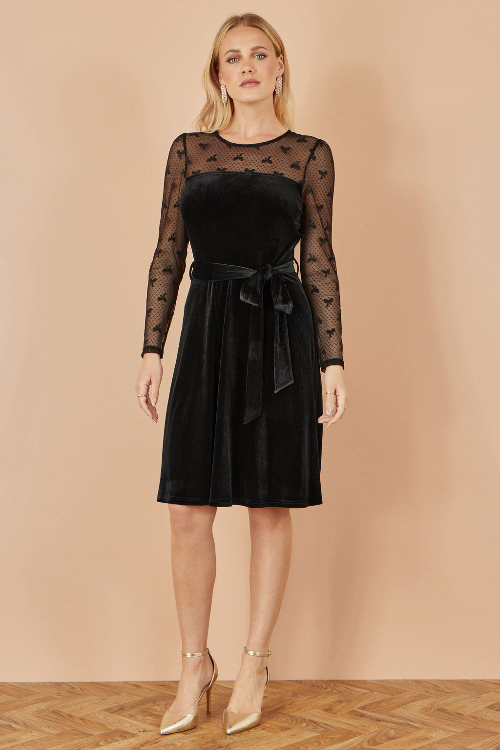 Black Velvet Skater Dress With Mesh Bow Sleeves - Sizes 8 to 16
