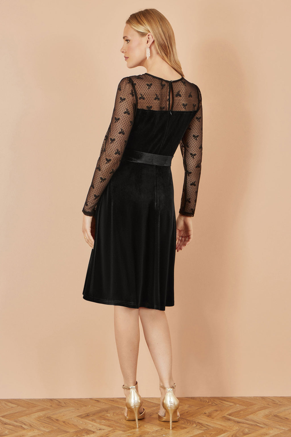 Black Velvet Skater Dress With Mesh Bow Sleeves - Sizes 8 to 16