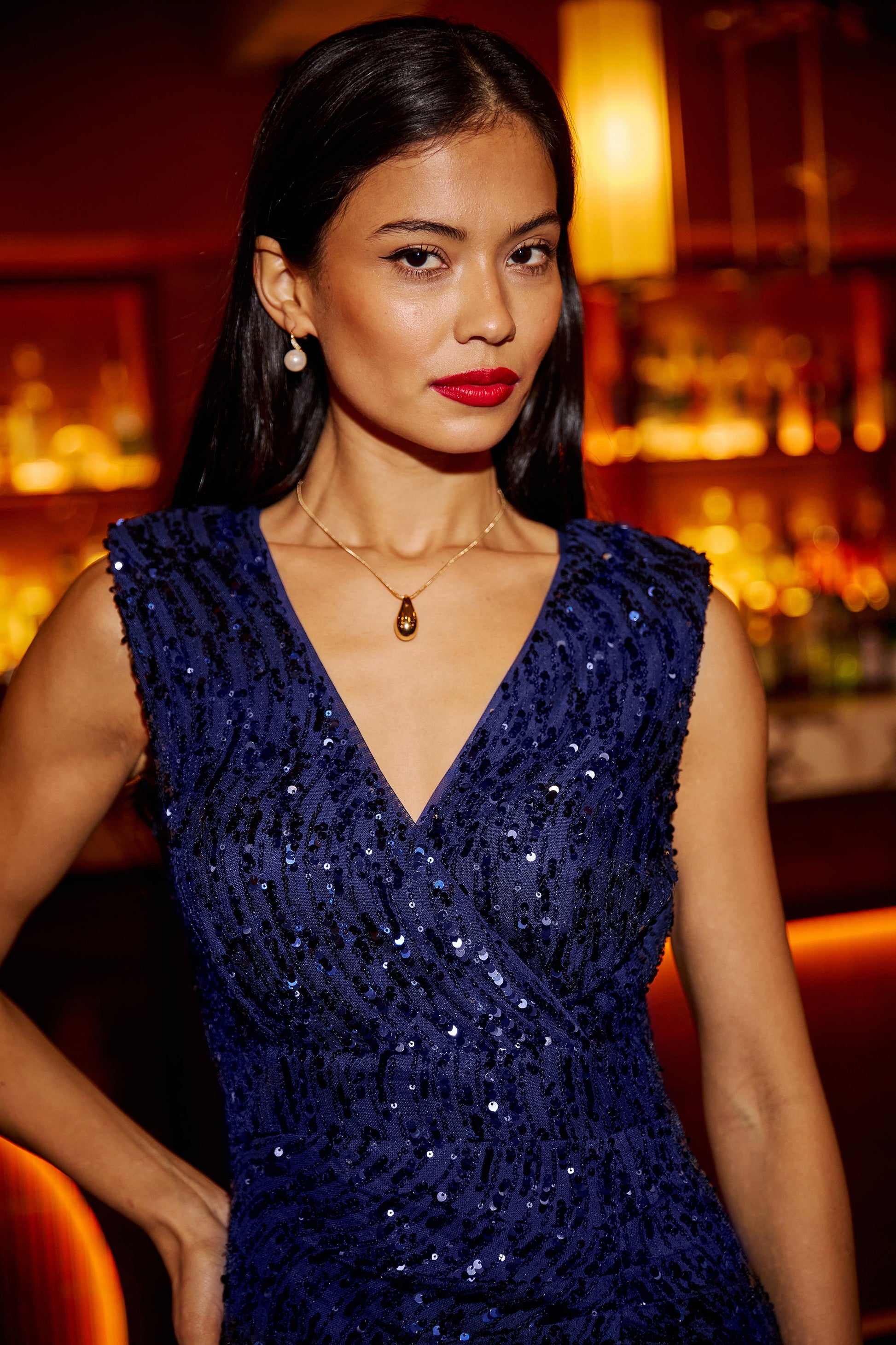 Navy Sequin Fitted Wrap Dress With Split Hem - Sizes 8 to 16