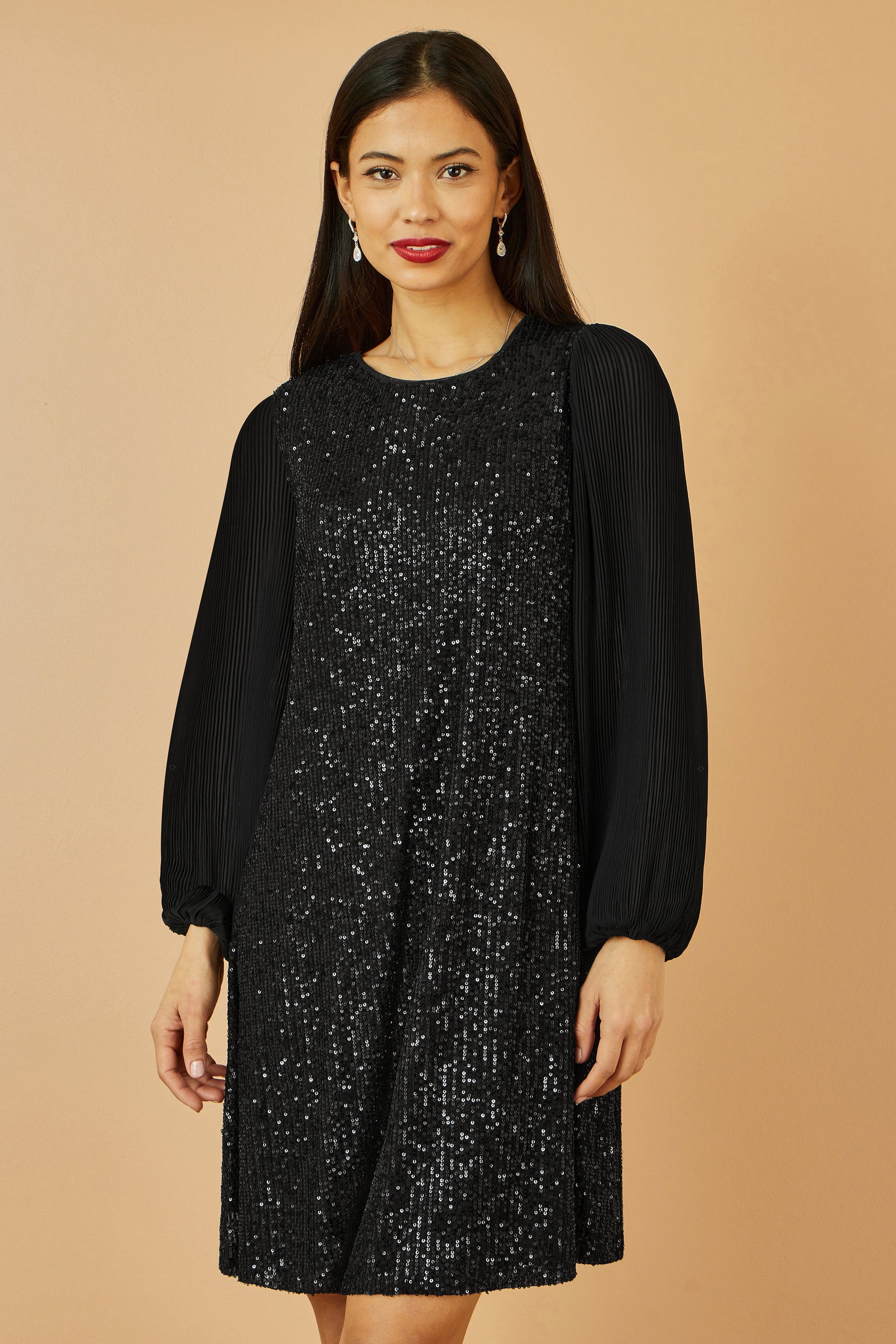 Black Sequin Tunic Dress With Long Pleated Sleeves - Sizes 8 to 26