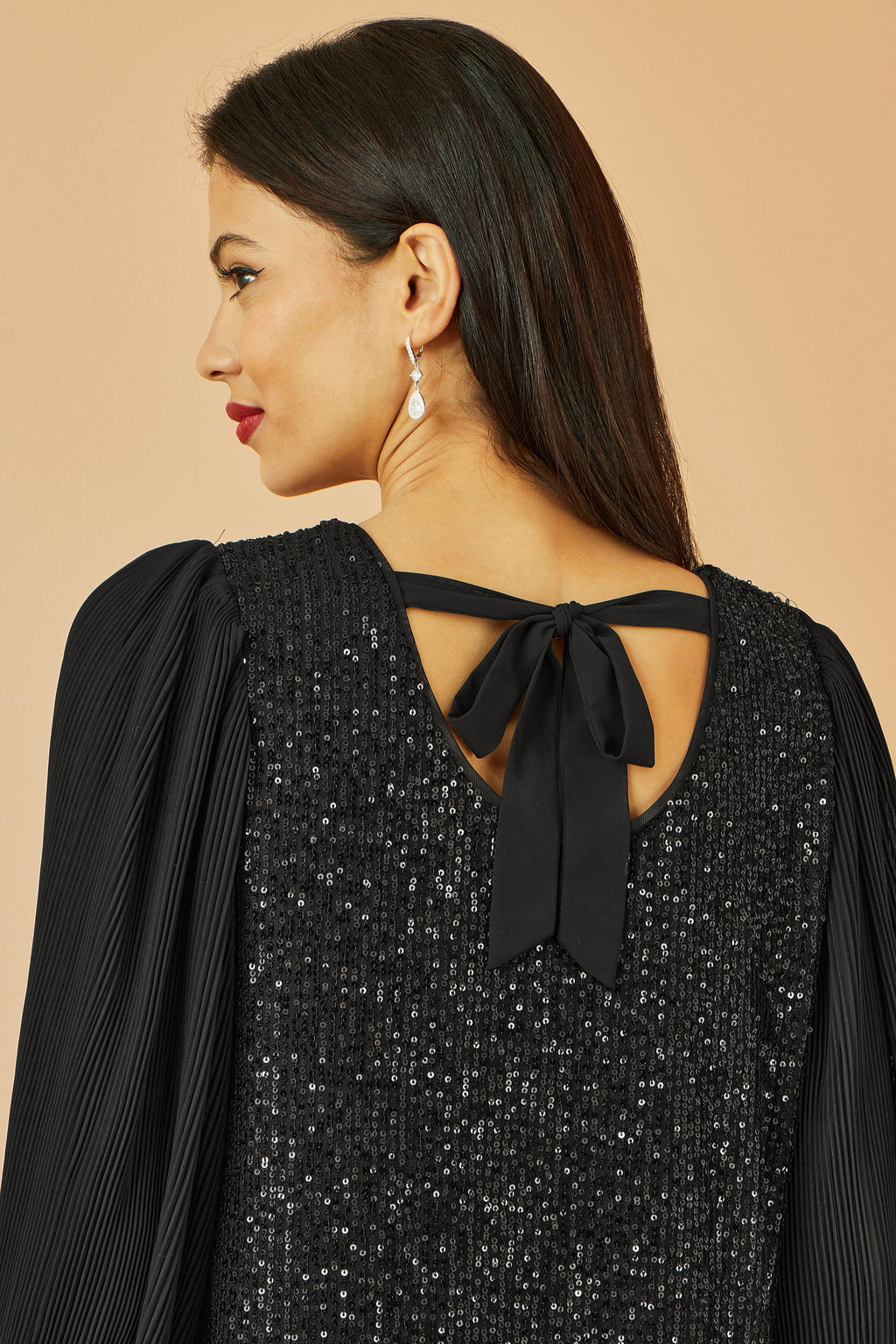 Black Sequin Tunic Dress With Long Pleated Sleeves - Sizes 8 to 26