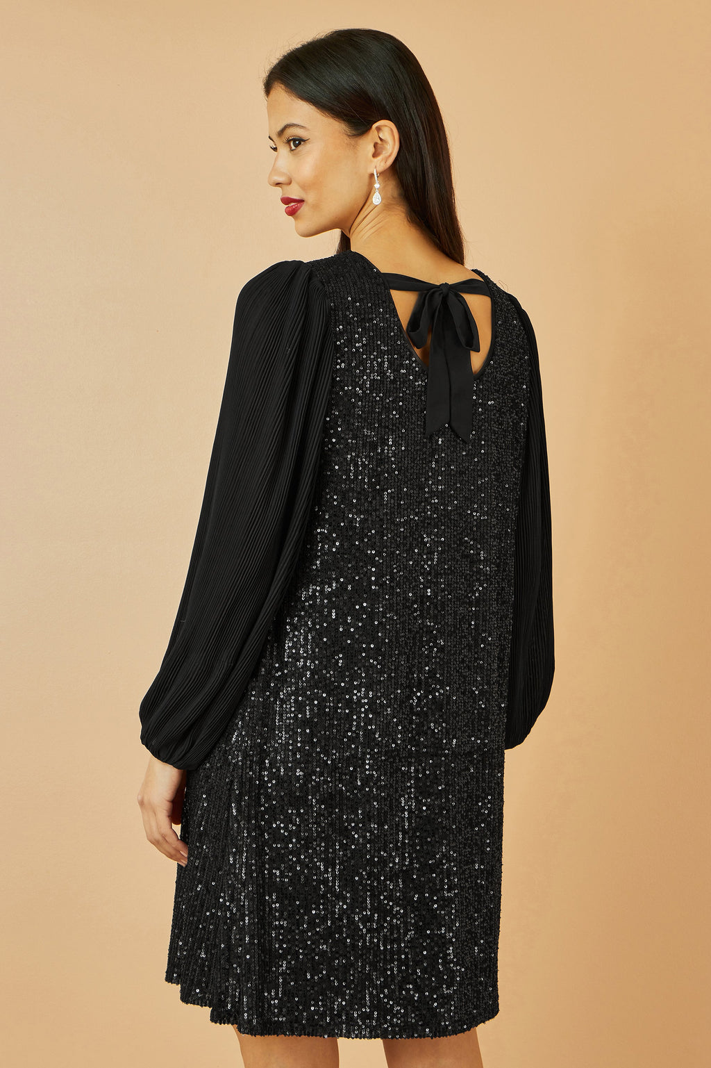 Black Sequin Tunic Dress With Long Pleated Sleeves - Sizes 8 to 26