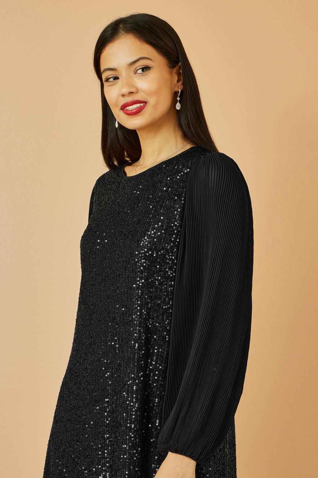 Black Sequin Tunic Dress With Long Pleated Sleeves - Sizes 8 to 26