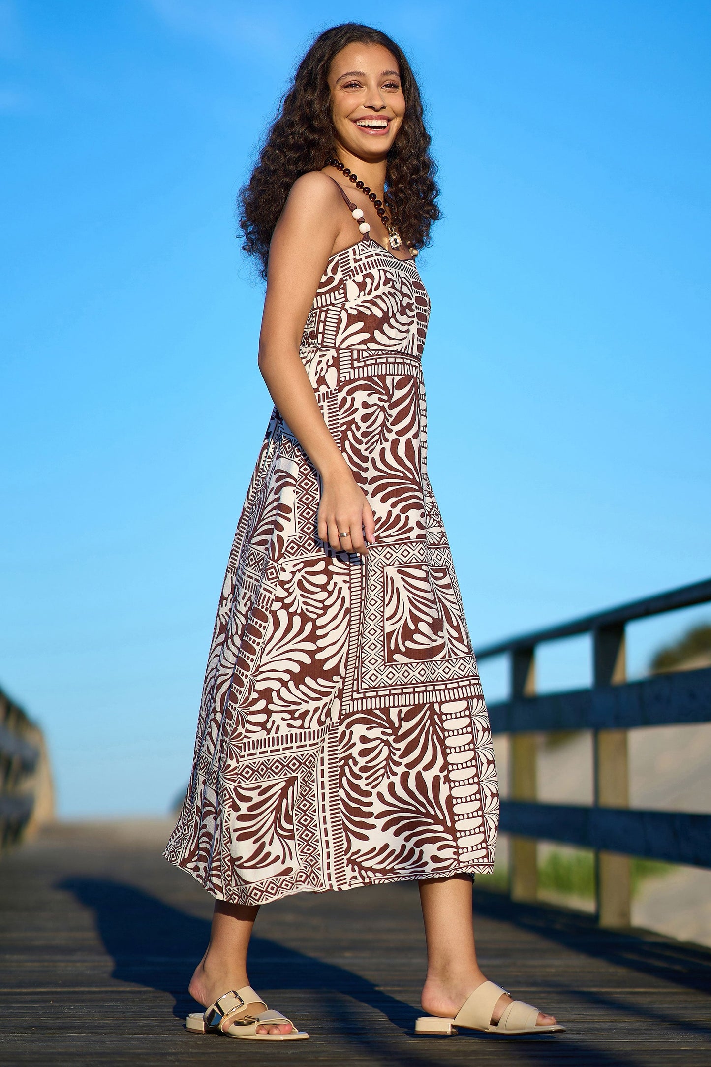Brown Tile Print Maxi Dress With Bead Details