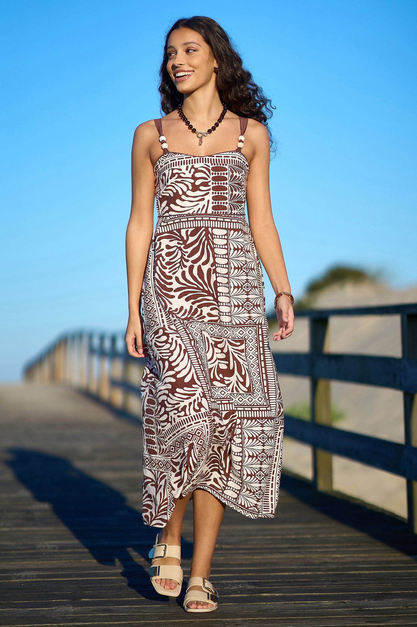 Brown Tile Print Maxi Dress With Bead Details