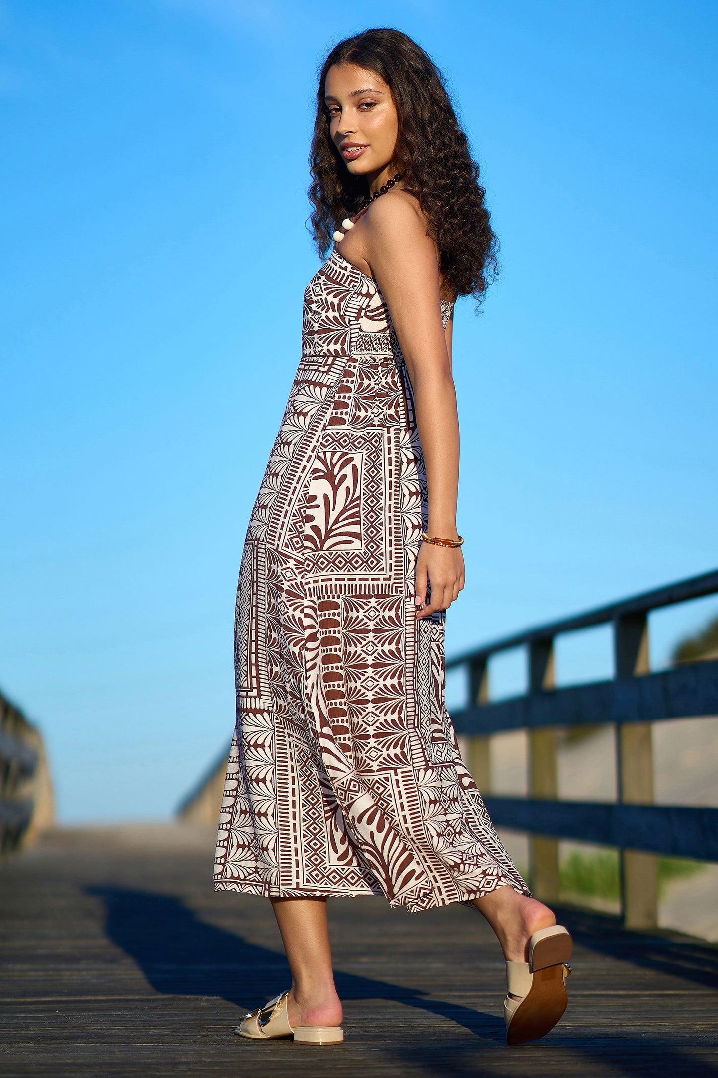 Brown Tile Print Maxi Dress With Bead Details