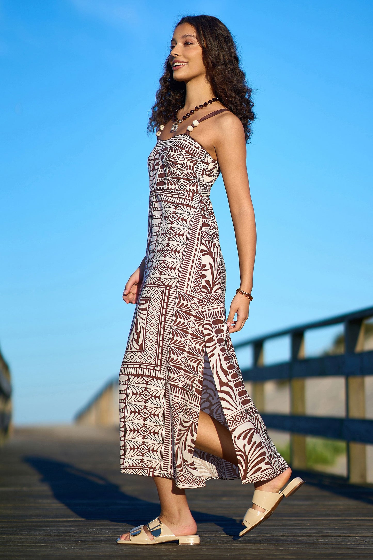 Brown Tile Print Maxi Dress With Bead Details