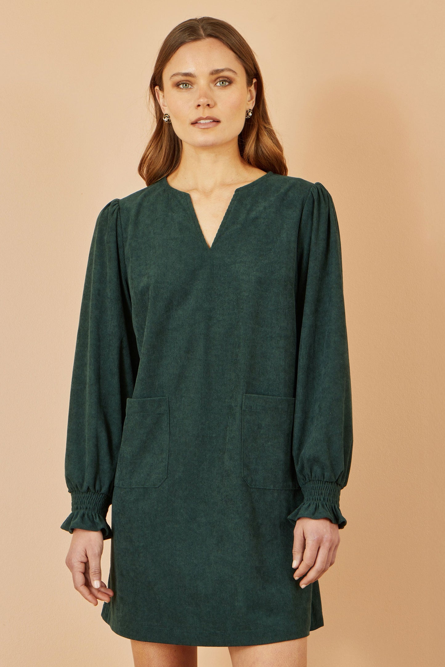Green Cord Tunic With Ruched Sleeve