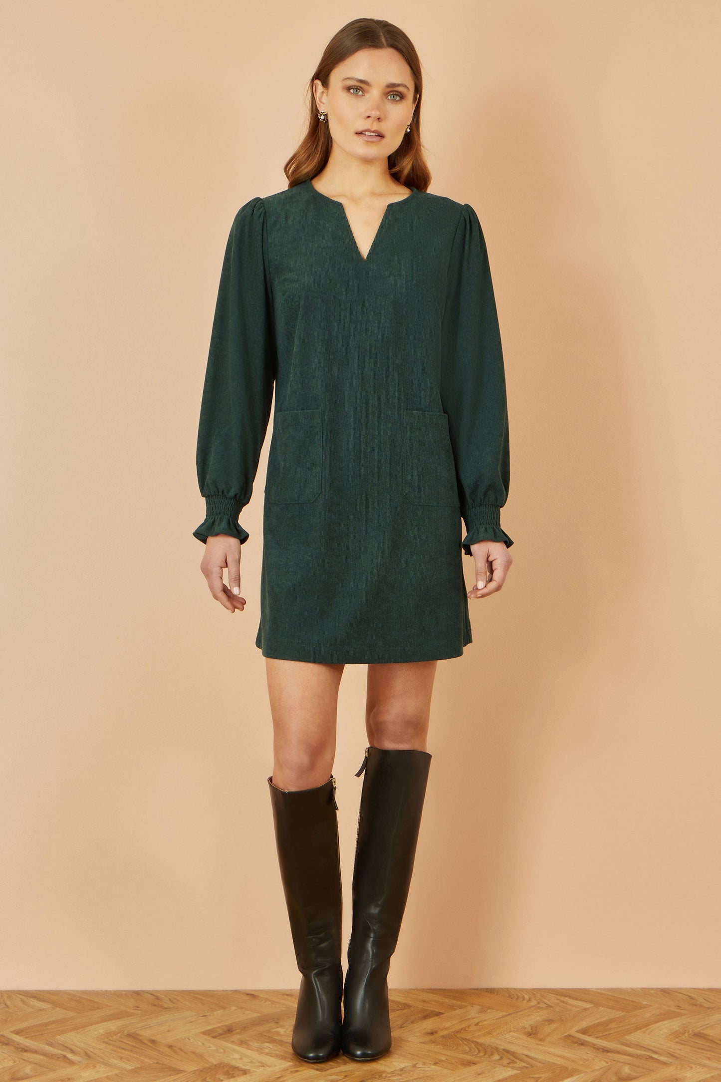 Green Cord Tunic With Ruched Sleeve