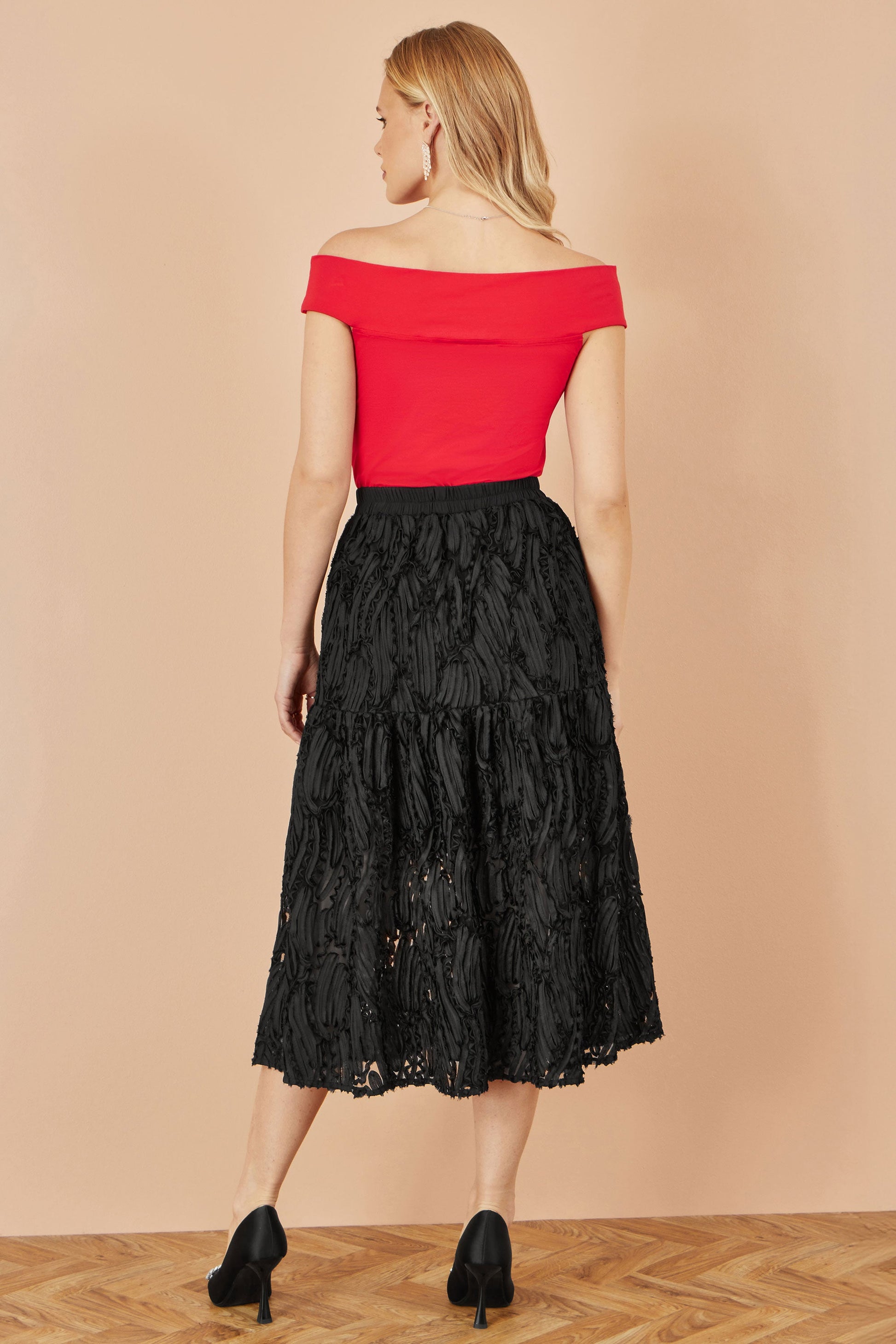 Black Mesh Applique Sequin Midi Skirt