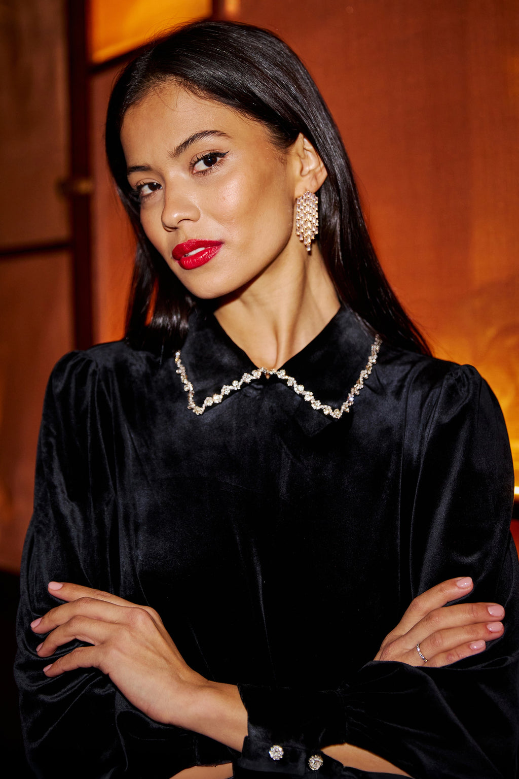 Black Velvet Tunic With Diamante Collar - Sizes 8 to 16