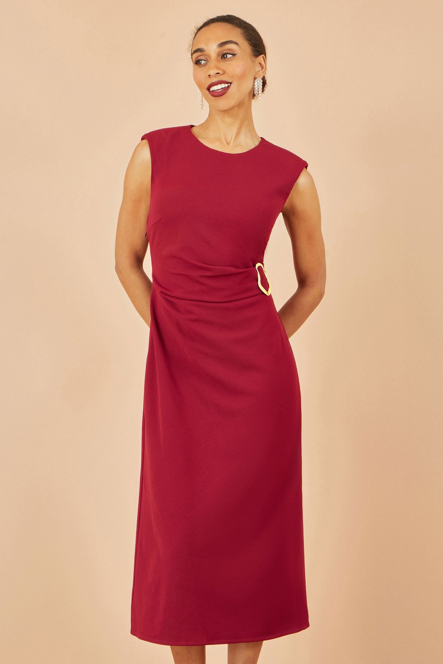 Burgundy Buckle Detail Ruched Dress - Sizes 8 to 16