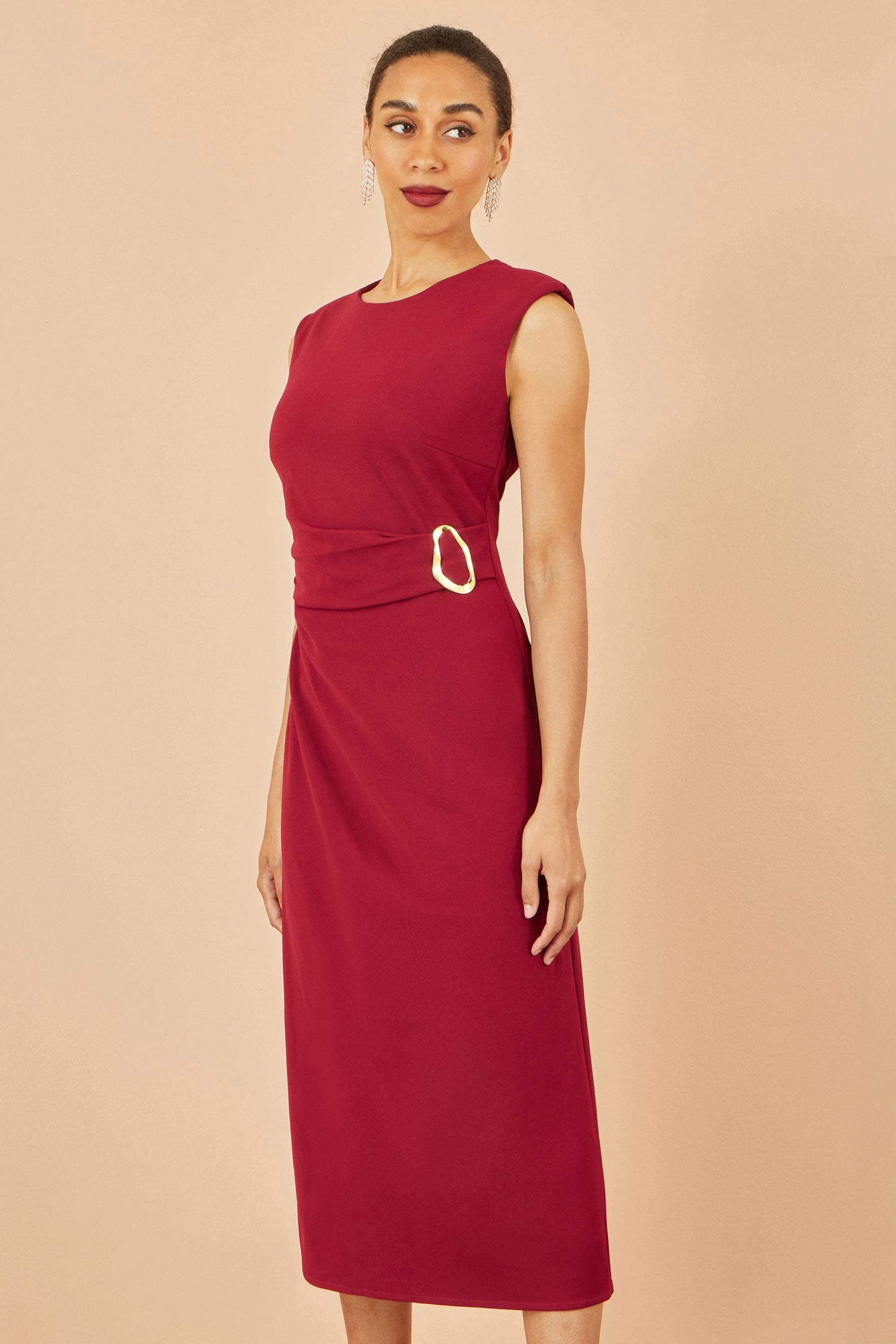 Burgundy Buckle Detail Ruched Dress - Sizes 8 to 16