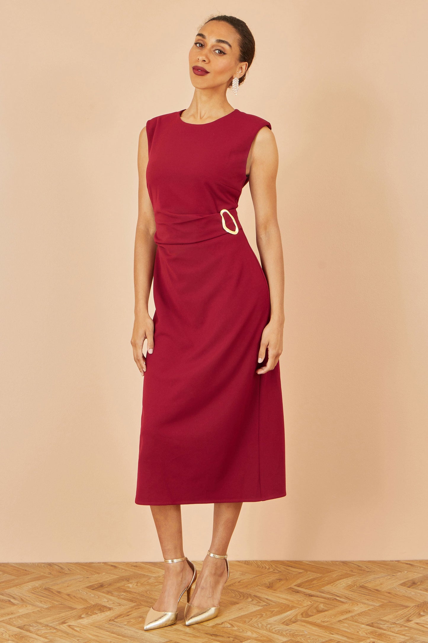 Burgundy Buckle Detail Ruched Dress - Sizes 8 to 16