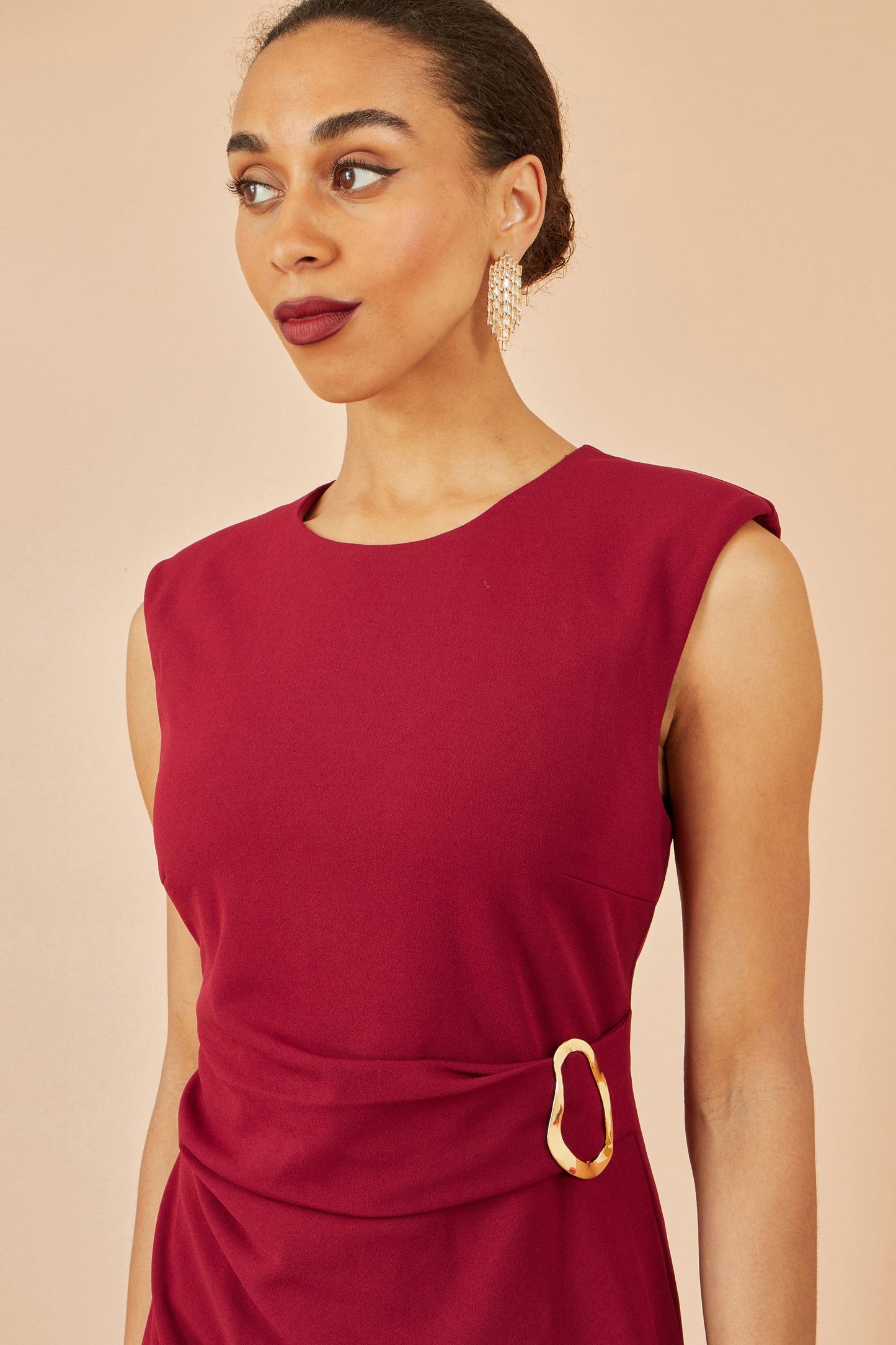 Burgundy Buckle Detail Ruched Dress - Sizes 8 to 16