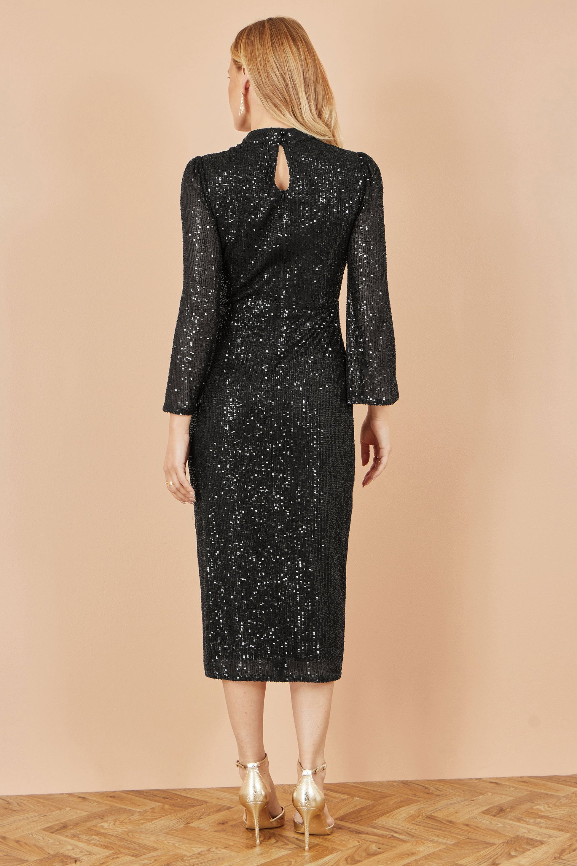 Black Sequin Fitted Midi Dress With Flute Sleeves - Sizes 8 to 16