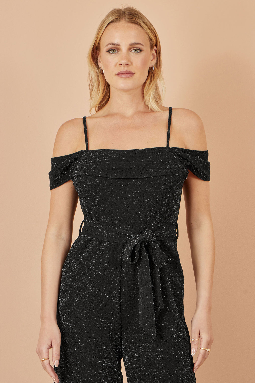 Black Sparkle Stretch Bardot Jumpsuit - Sizes 8 to 16