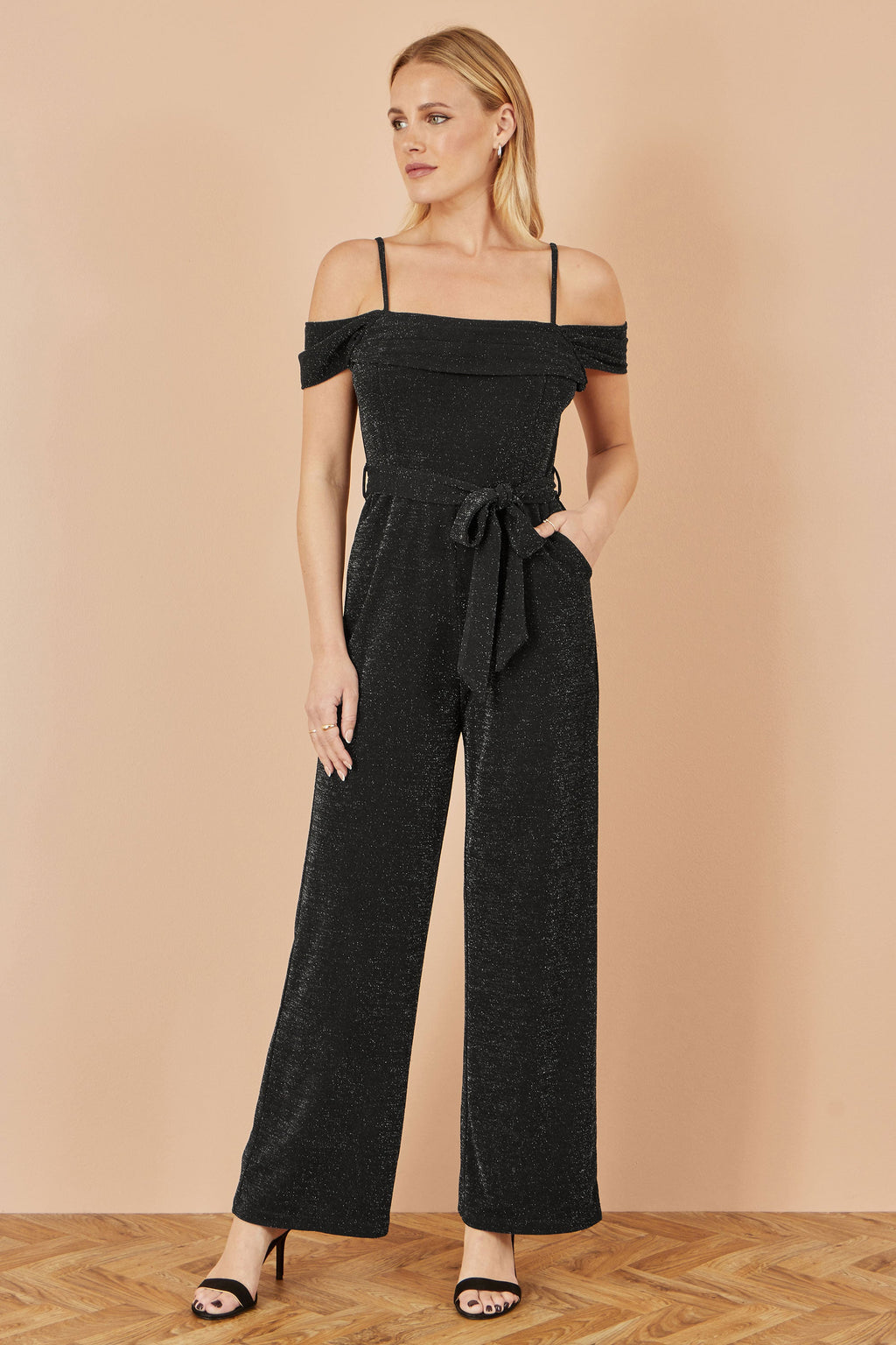 Black Sparkle Stretch Bardot Jumpsuit - Sizes 8 to 16