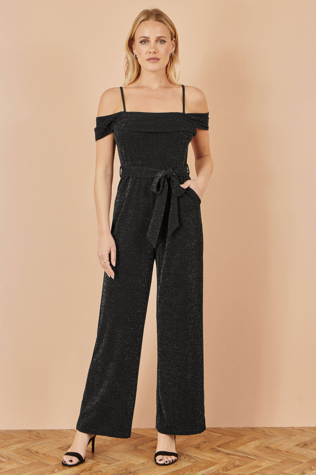 Black Sparkle Stretch Bardot Jumpsuit - Sizes 8 to 16