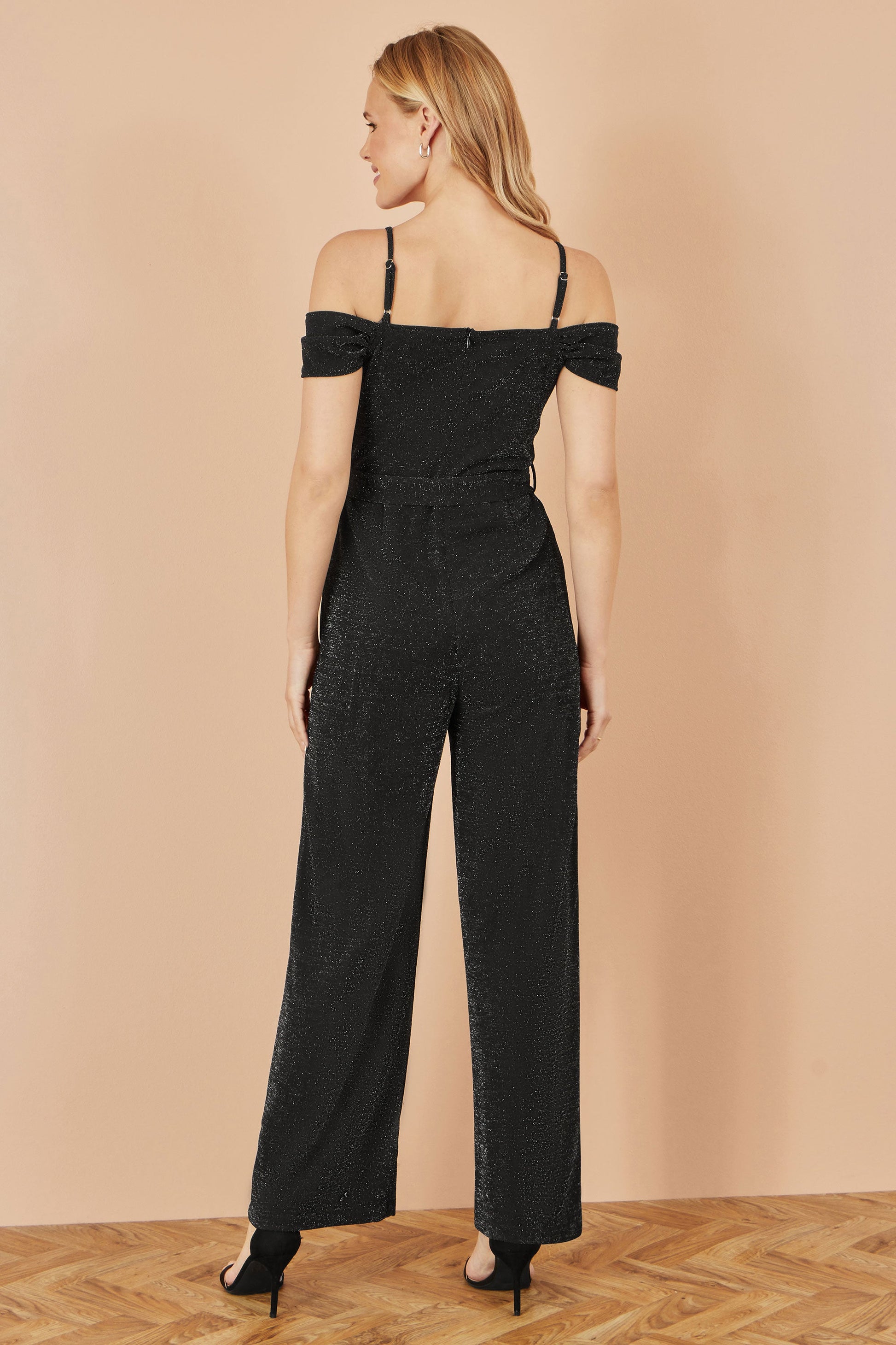 Black Sparkle Stretch Bardot Jumpsuit - Sizes 8 to 16