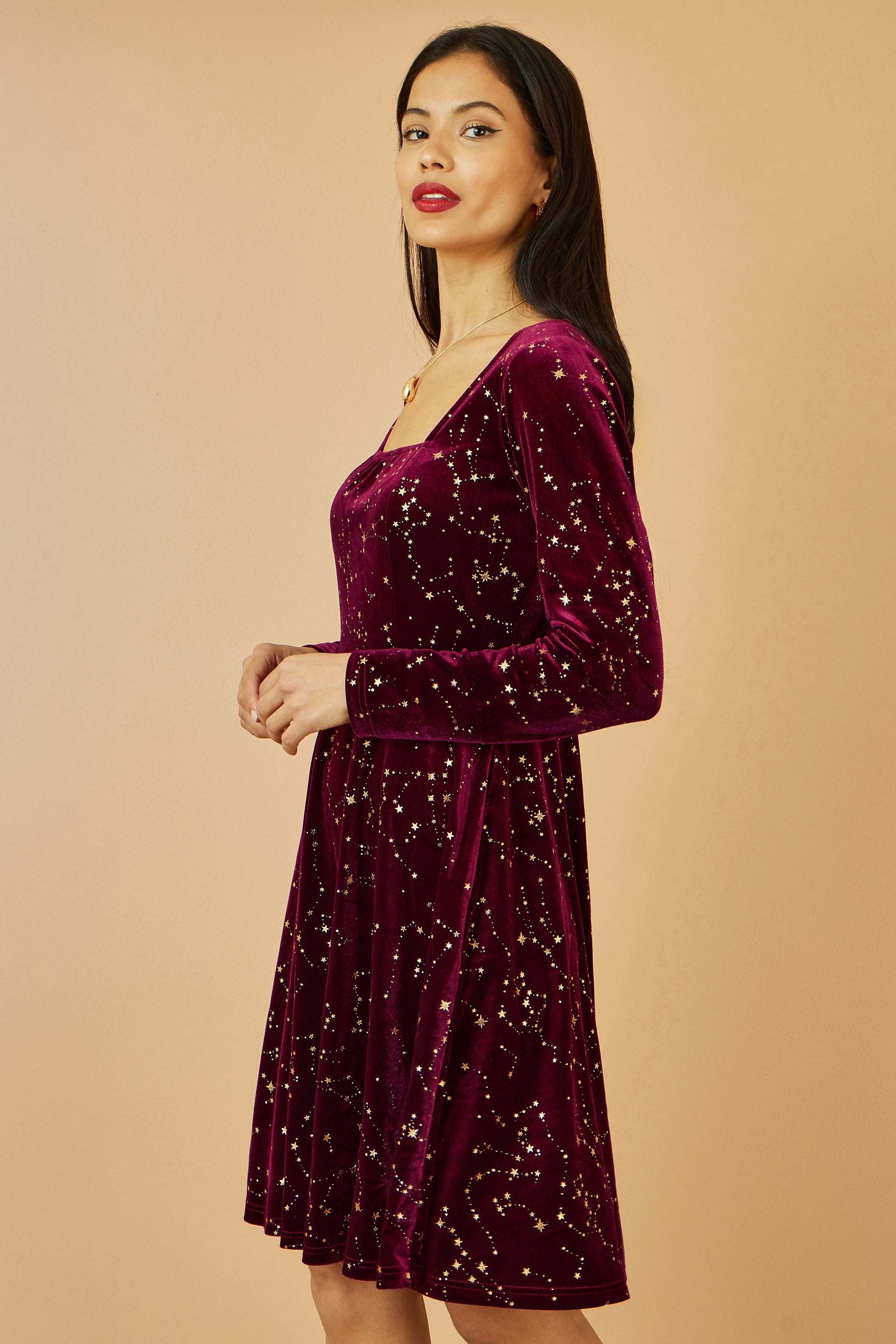 Burgundy Star Foil Print Long Sleeve Skater Dress - Size 8 to 18