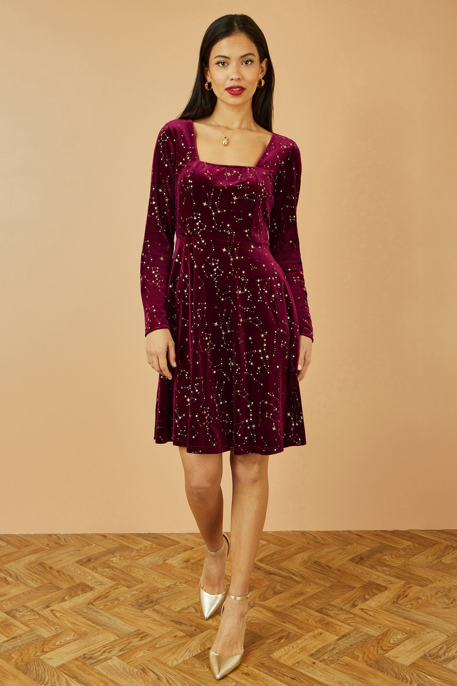 Burgundy Star Foil Print Long Sleeve Skater Dress - Size 8 to 18
