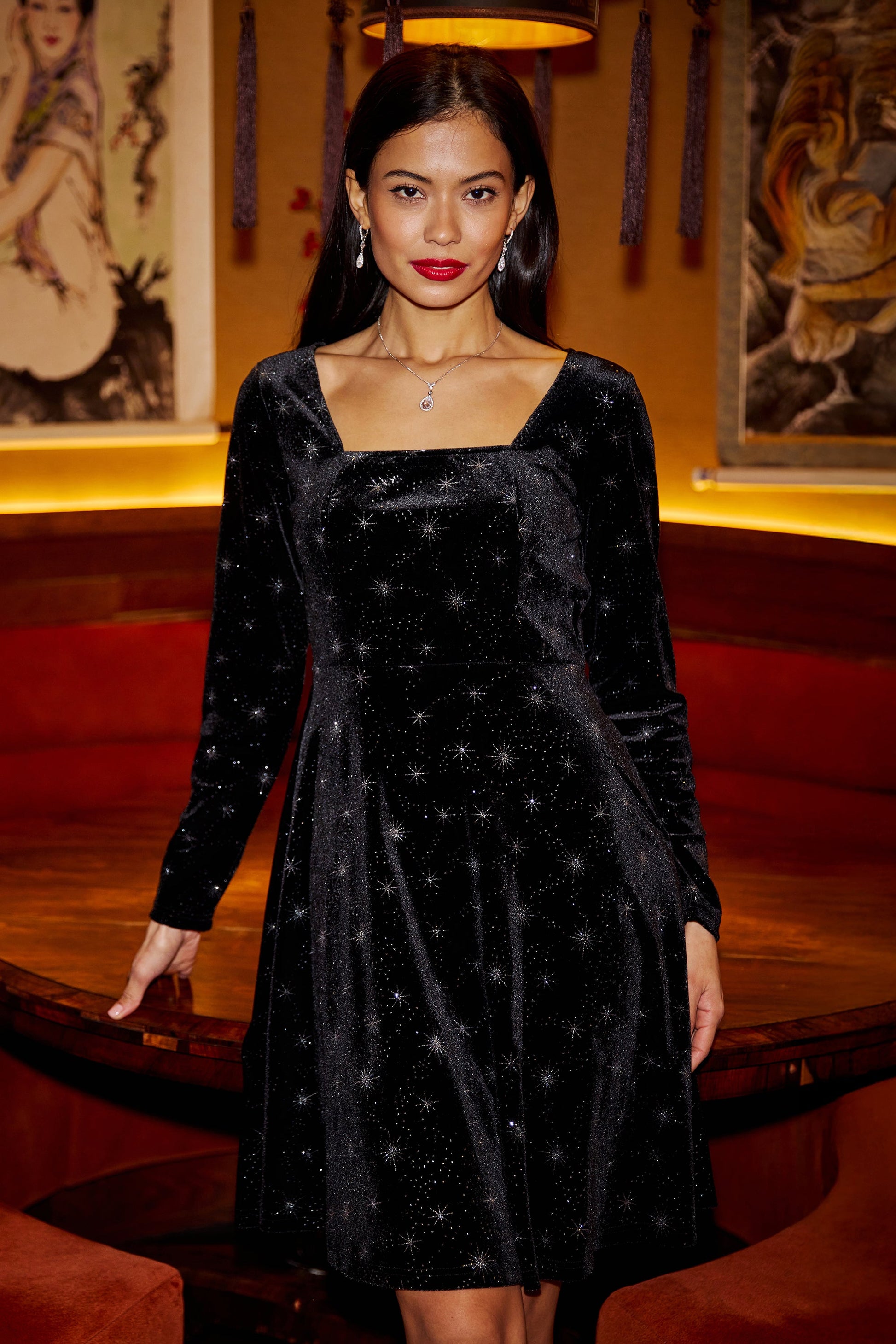 Black Starburst Foil Print Long Sleeve Dress - Sizes 8 to 18