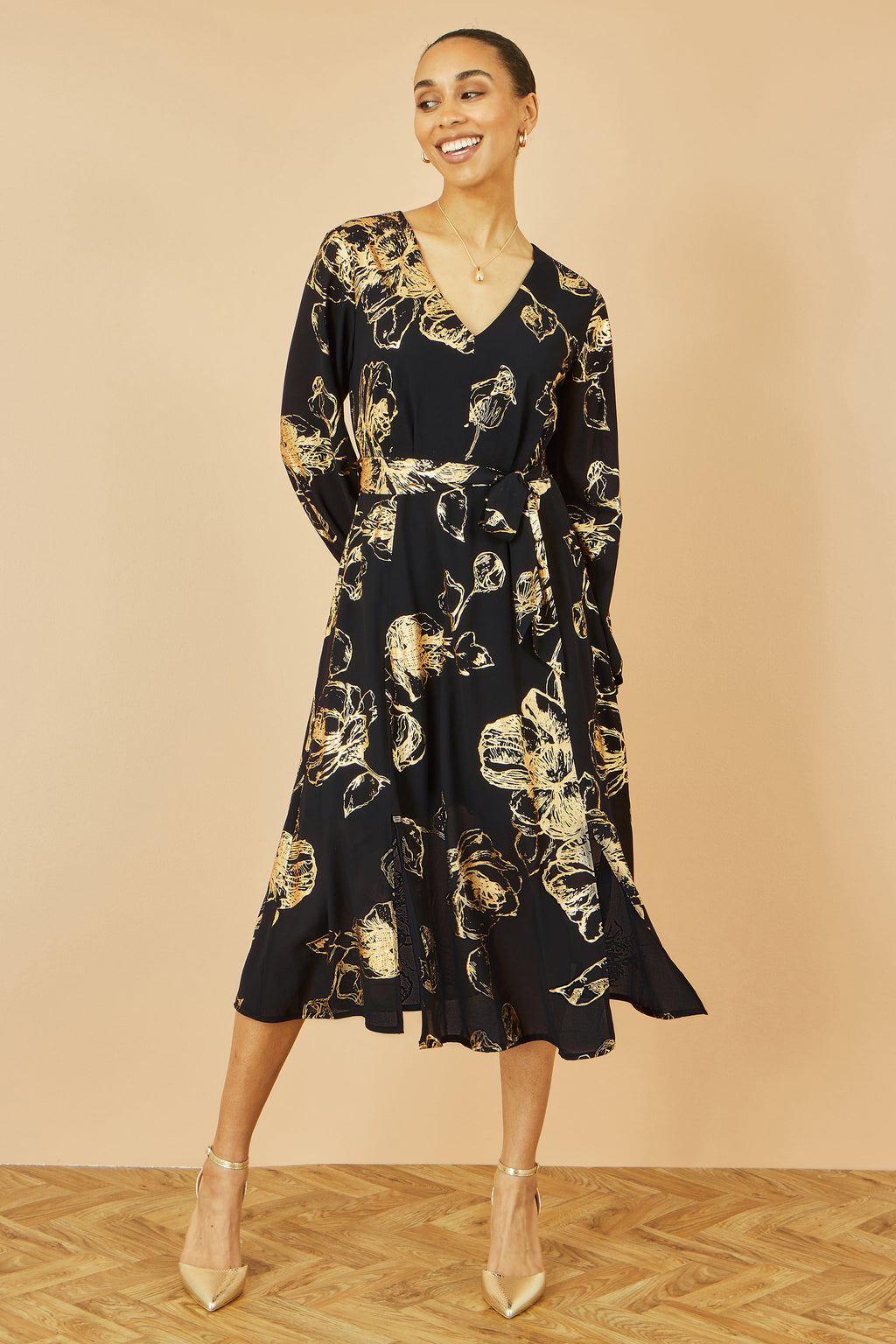 Black Foil Rose Print Midi Dress - Sizes 8 to 16