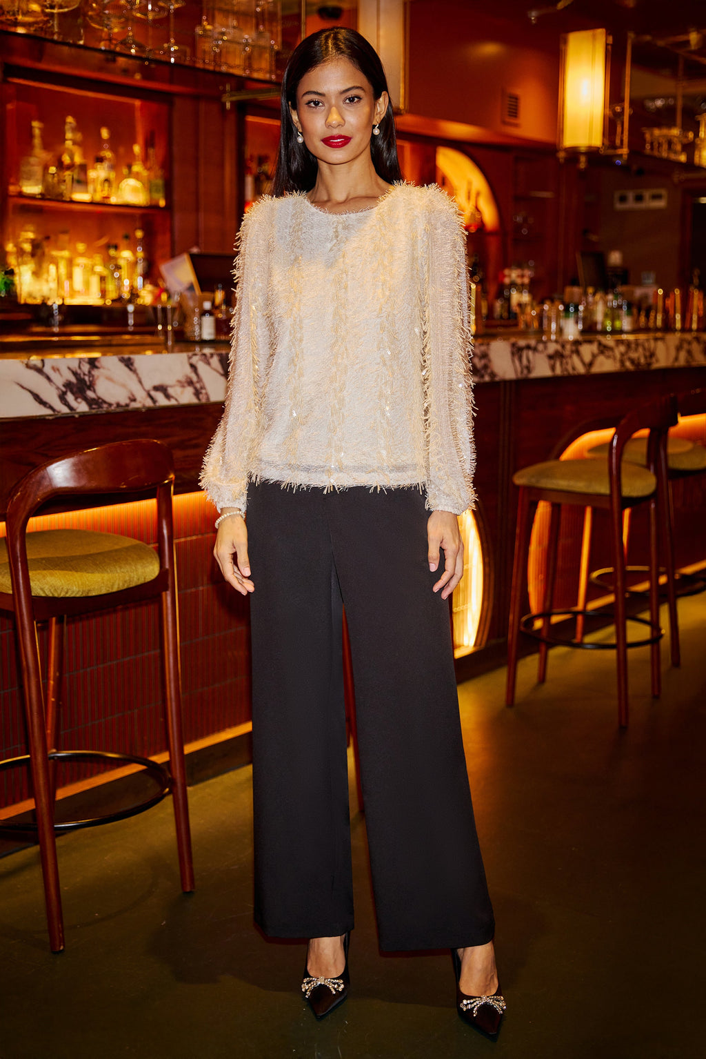 Ivory Hanging Sequin Long Sleeve Top - Sizes 8 to 16