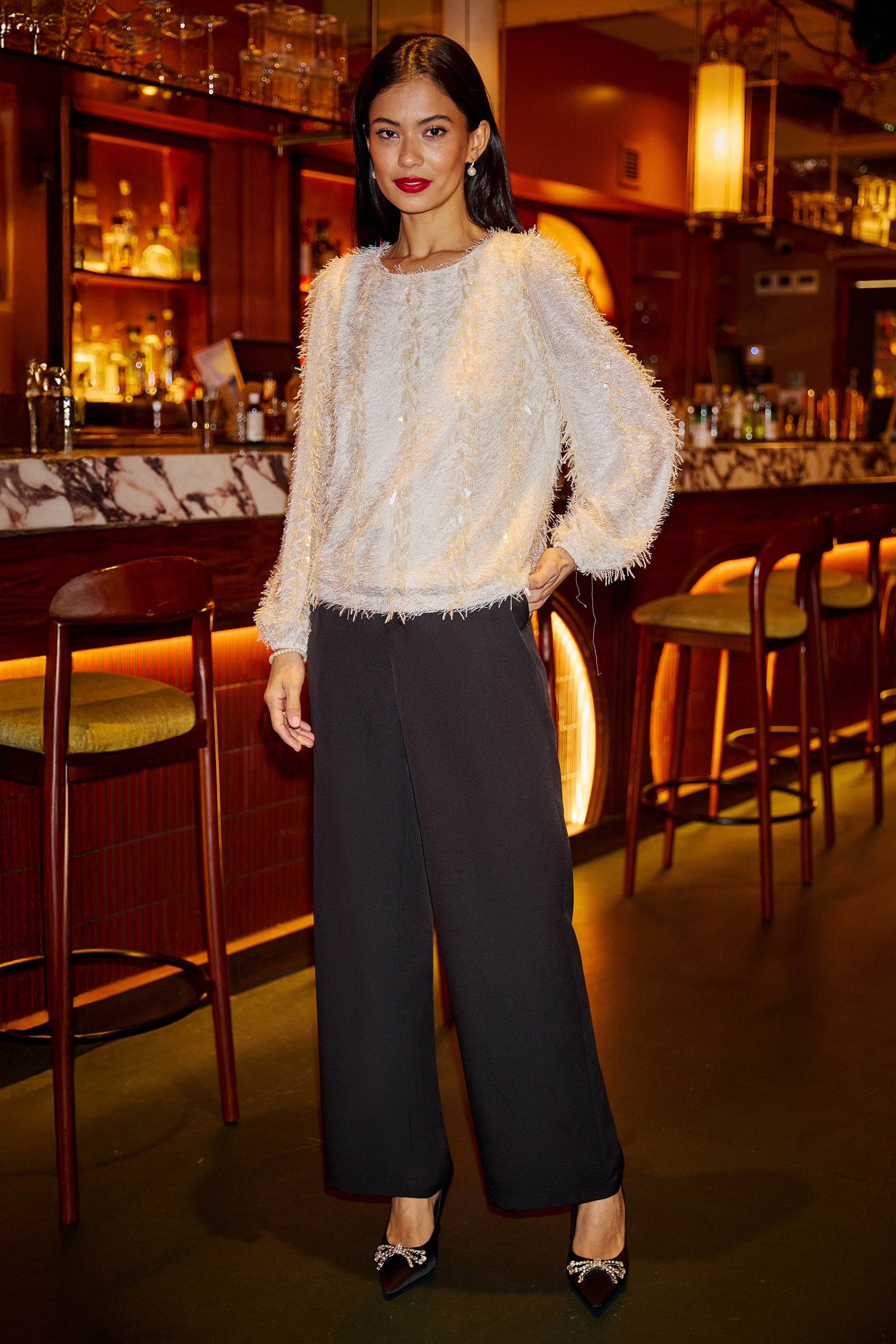 Ivory Hanging Sequin Long Sleeve Top - Sizes 8 to 16